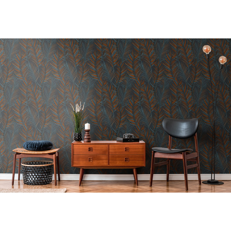 Intissé vinyle Fougère bleu et orange 53 cm