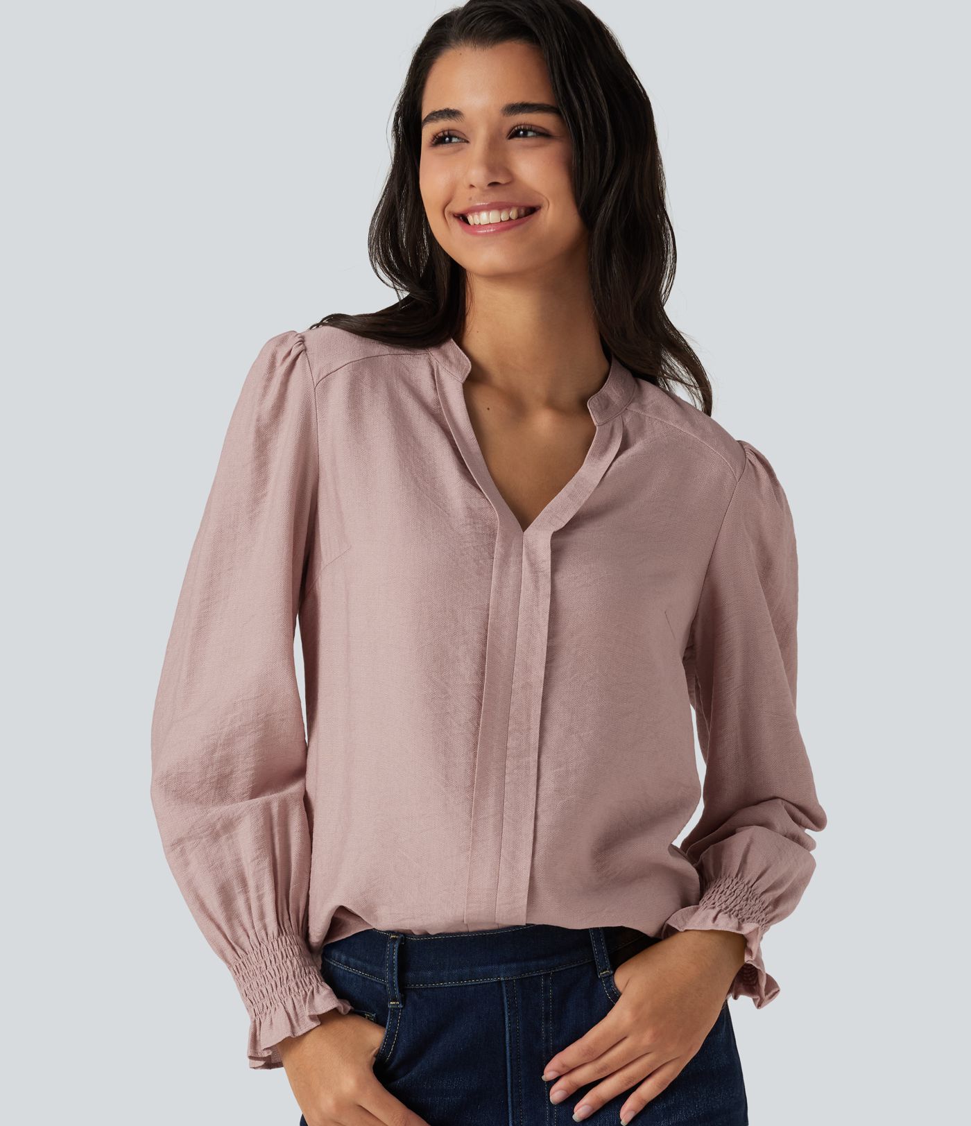 Blouse à col V et manches longues bouffantes