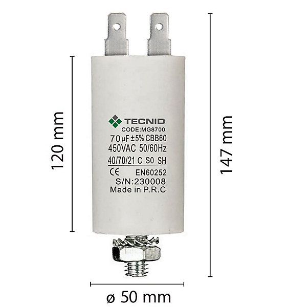 Condensateur de démarrage pour moteurs électriques, 450V, capacité : 70 microfarad, 4 broches / M8