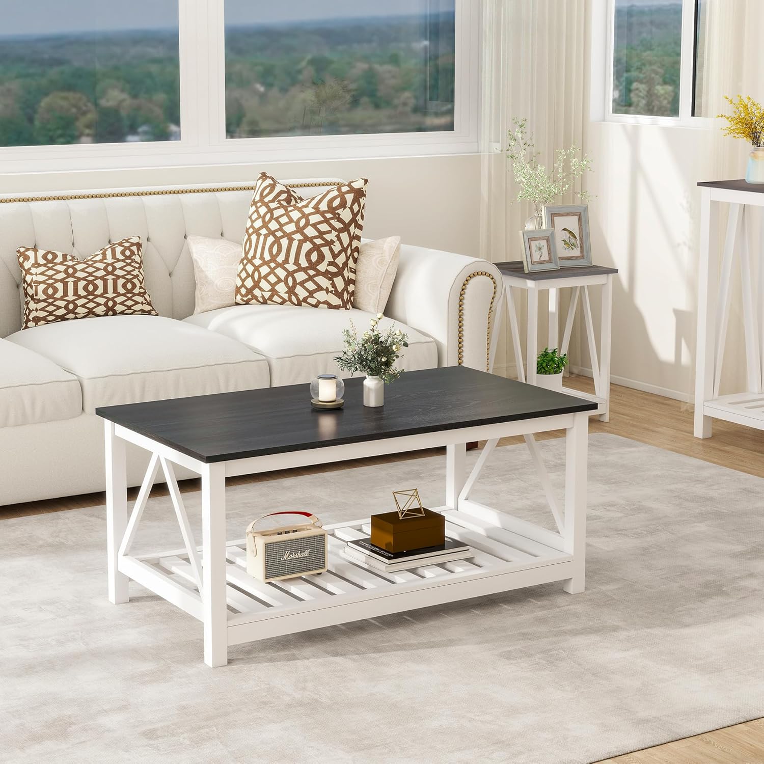 Farmhouse Coffee Table, Black and White Coffee Table for Living Room, 2-Tier Rectangular Wooden Centre Cocktail Table with Slats Shelf Storage and V-Shaped Frame Modern Coffee Tables Oak Black