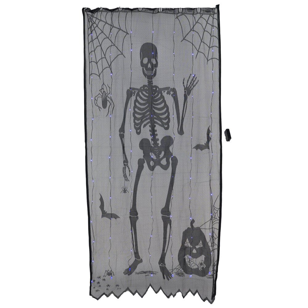 Rideau de porte Halloween LED lumineux nylon noir 110x210cm (2 modèles squelette ou chauve-souris)
