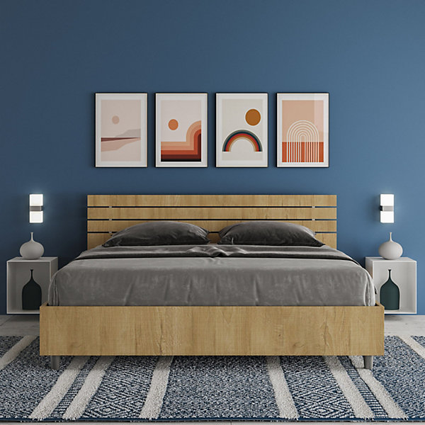 Lit coffre 160x190 avec tête de lit inclinée à lattes en chêne Ankel