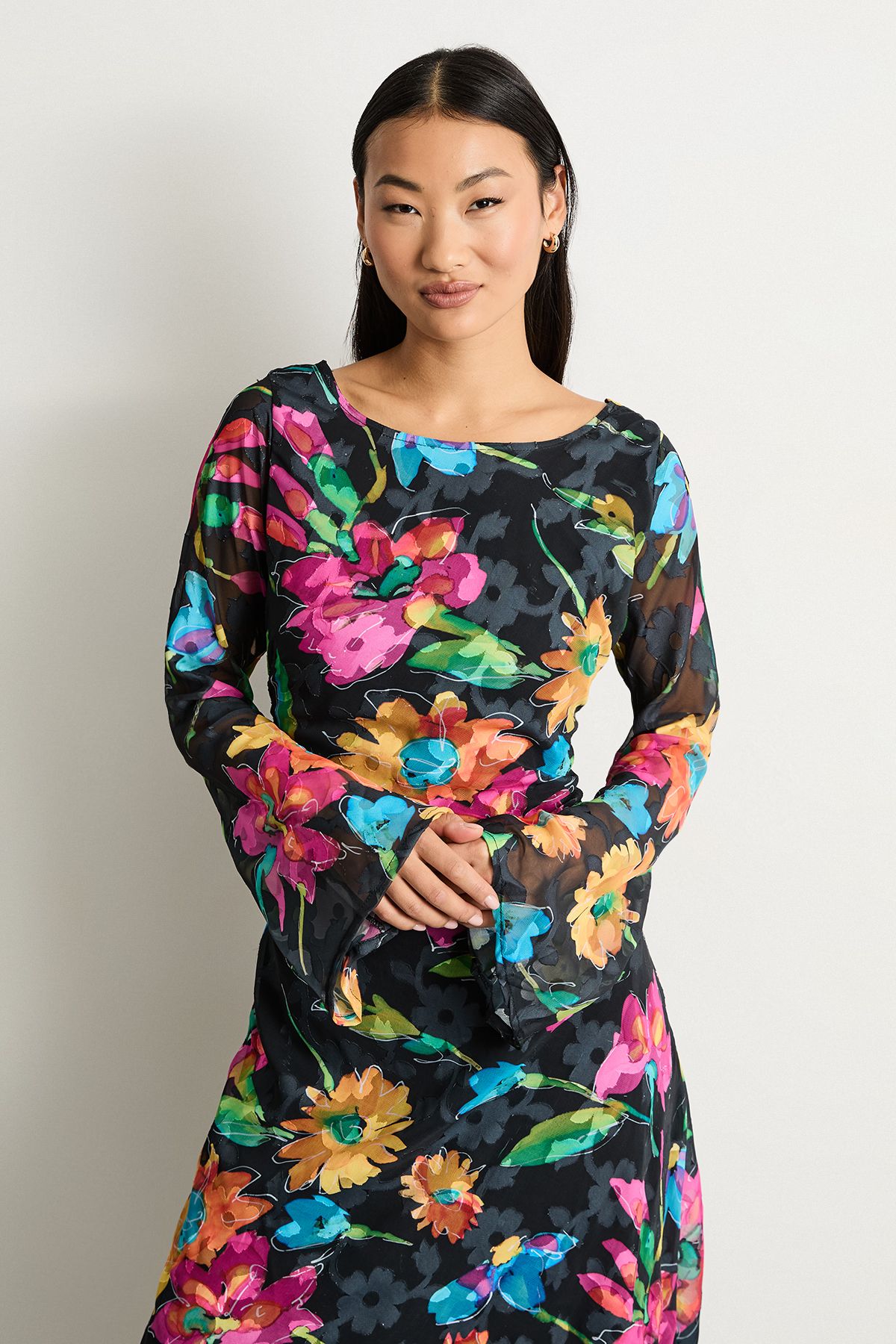 Warehouse Petite Burnout Floral Chiffon Slash Neck Bias Midi Dress