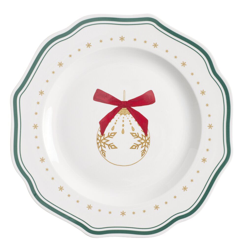 Assiette plate imprimé boule de No&euml;l contour vague bleu faïence Ø27 cm