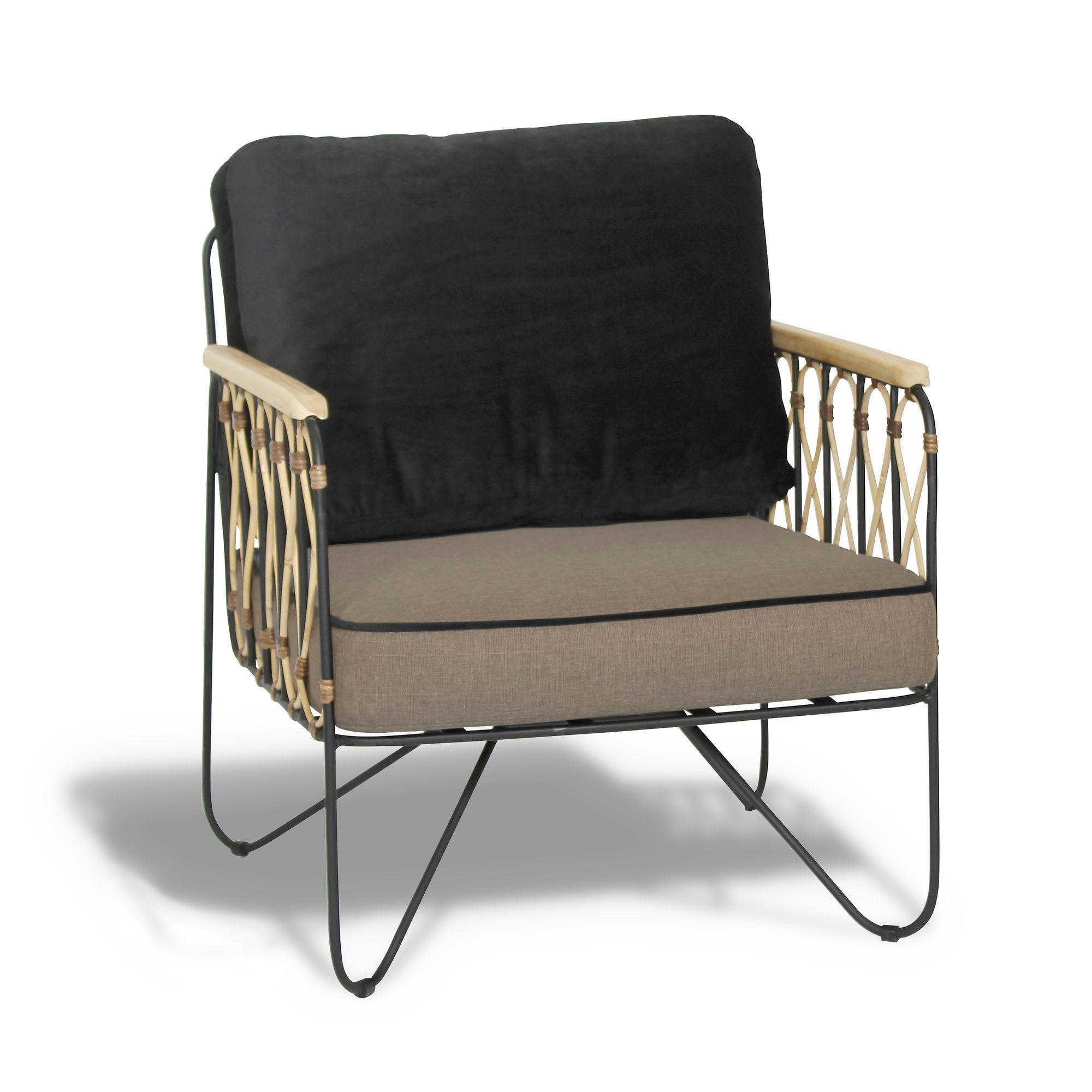 RIO - Fauteuil en velours noir et gris avec structure en métal et rotin