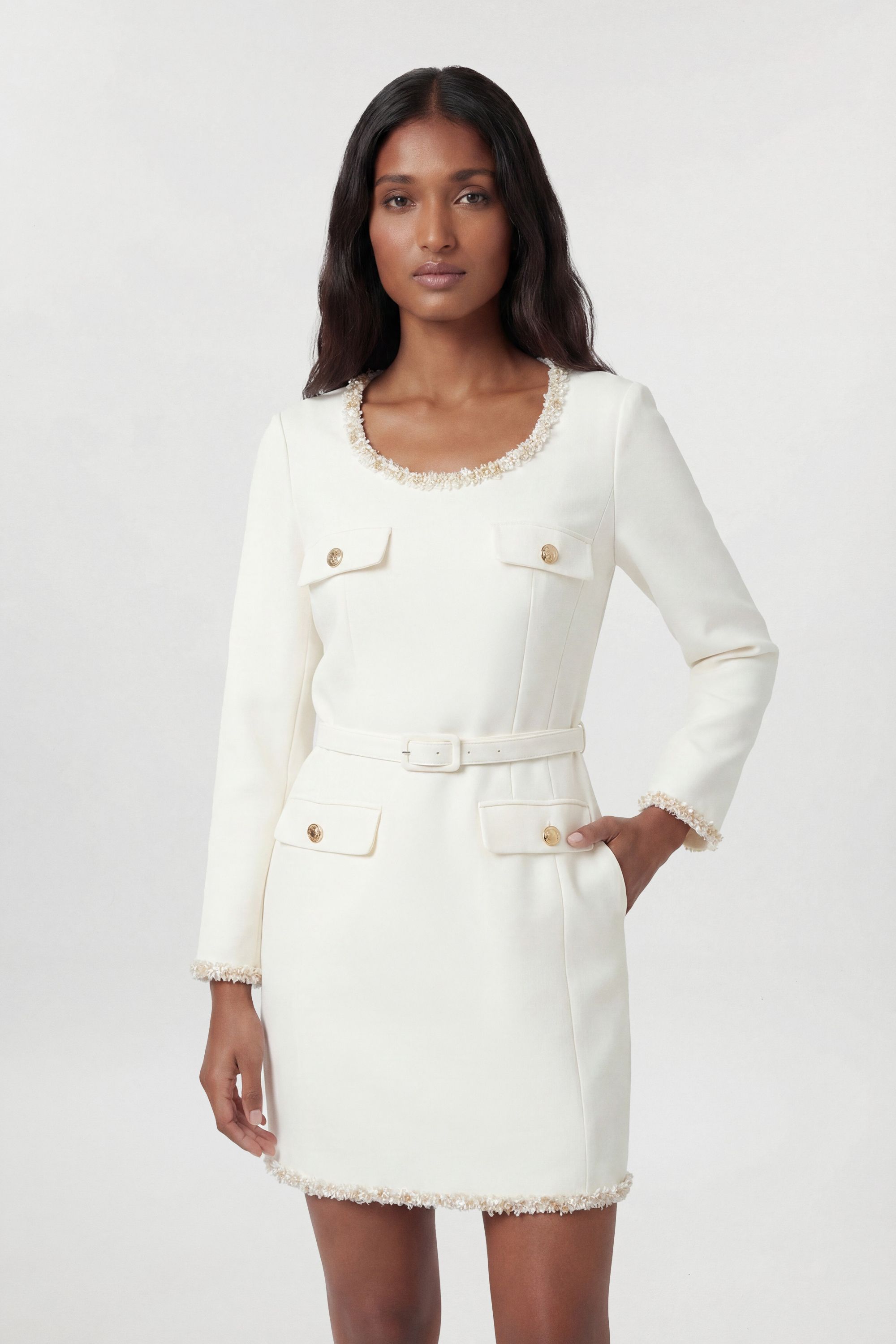 KarenMillen Compact Stretch Embellished Trim Tailored Belted Mini Dress