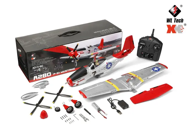 A280 RC Plane 2.4G 4CH 3D6G Mode Aircraft P51 Fighter Simulator with LED Searchlight RC Airplane Toys for Children(WHITE)