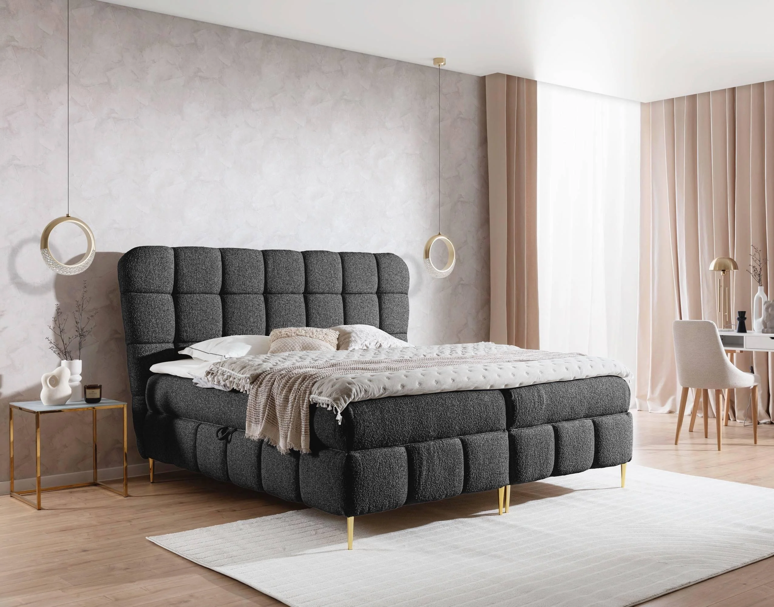 Boxspring Loran in bouclé met opbergruimte 160 x 200 cm