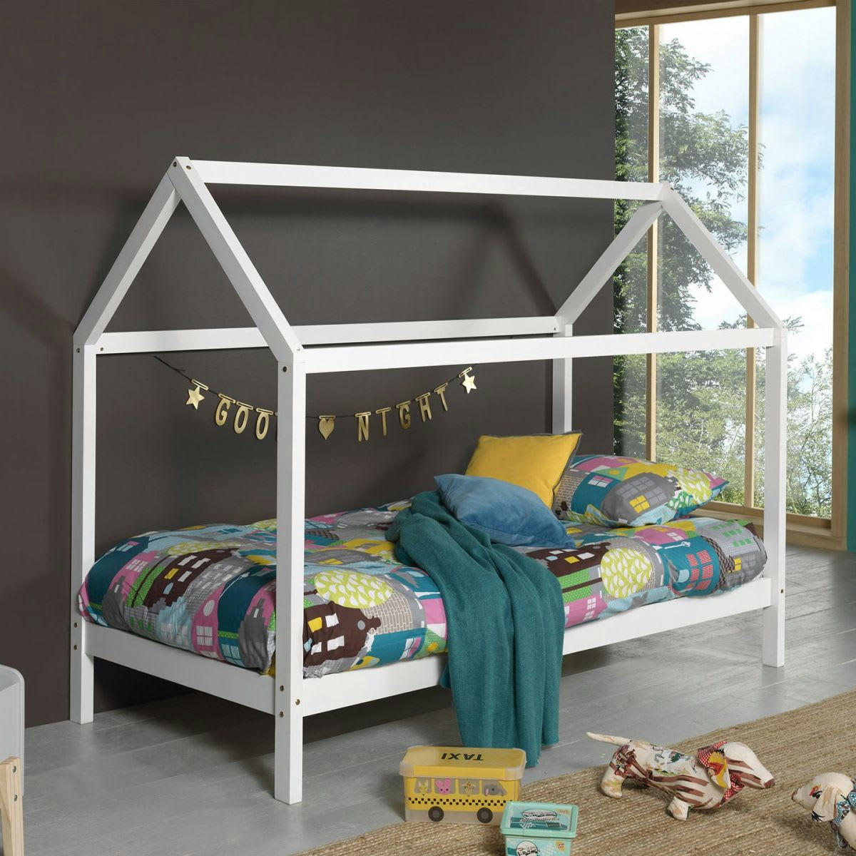 ARKAN - Lit  cabane 90x200cm en pin massif blanc
