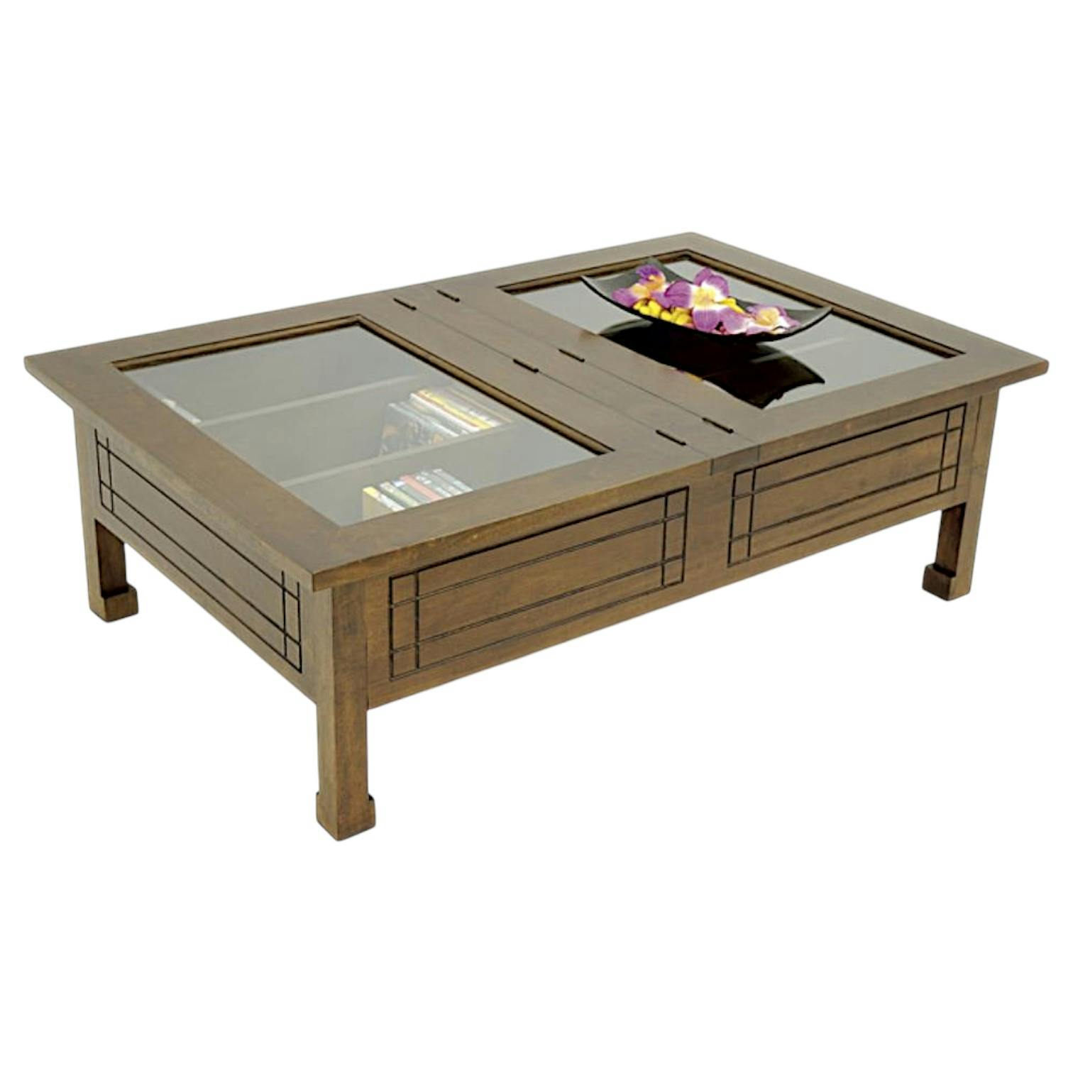 Table basse vitrée plateau ouvrant hévéa 125x80x40cm MAORI