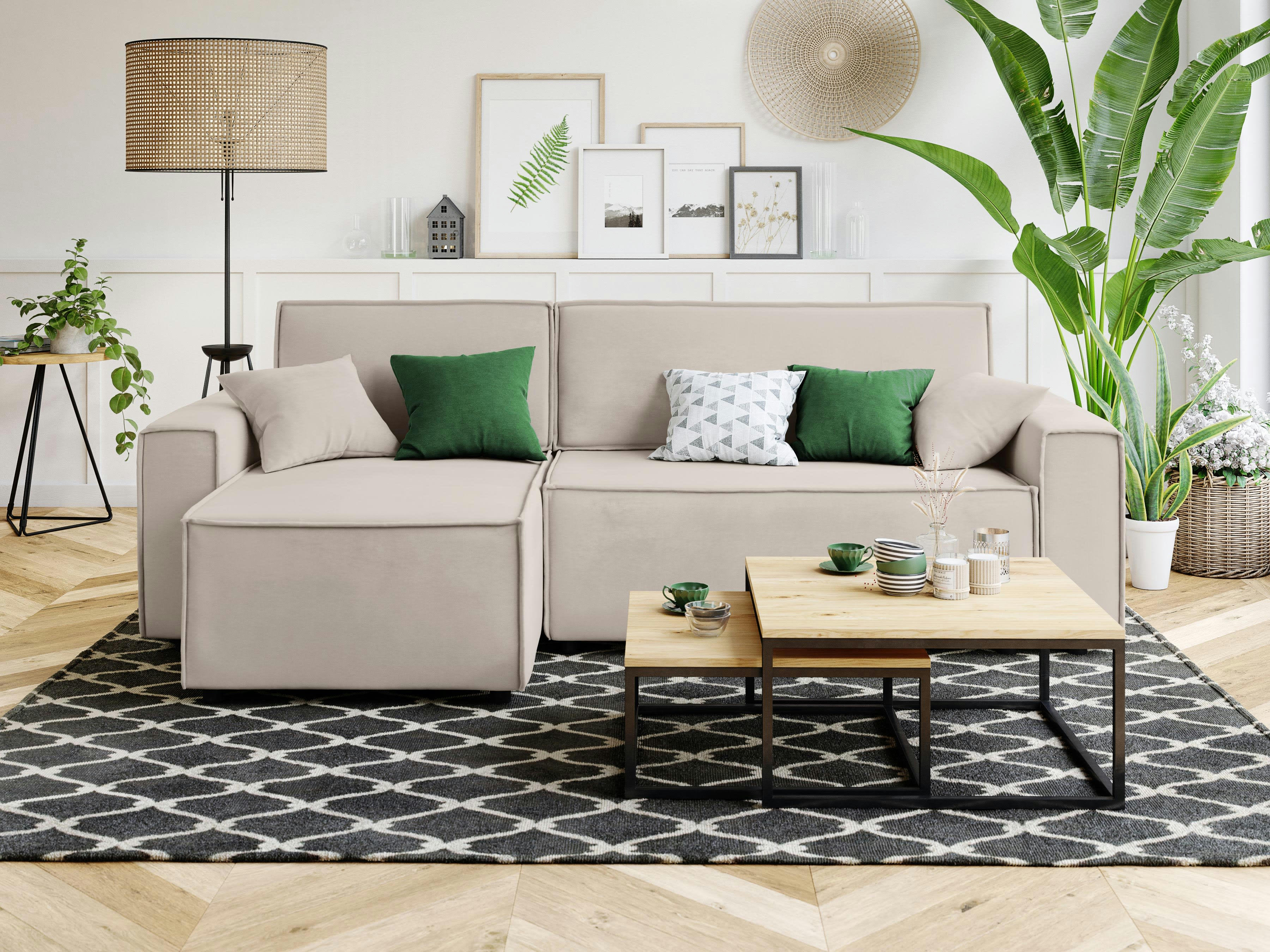 MIRA - Canapé d'angle convertible en velours 4 places grège