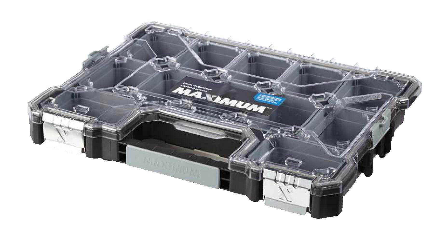MAXIMUM Shallow 12-Bin Stackable Pro Parts Organizer Tray w/ Lid, 18x14x2-in