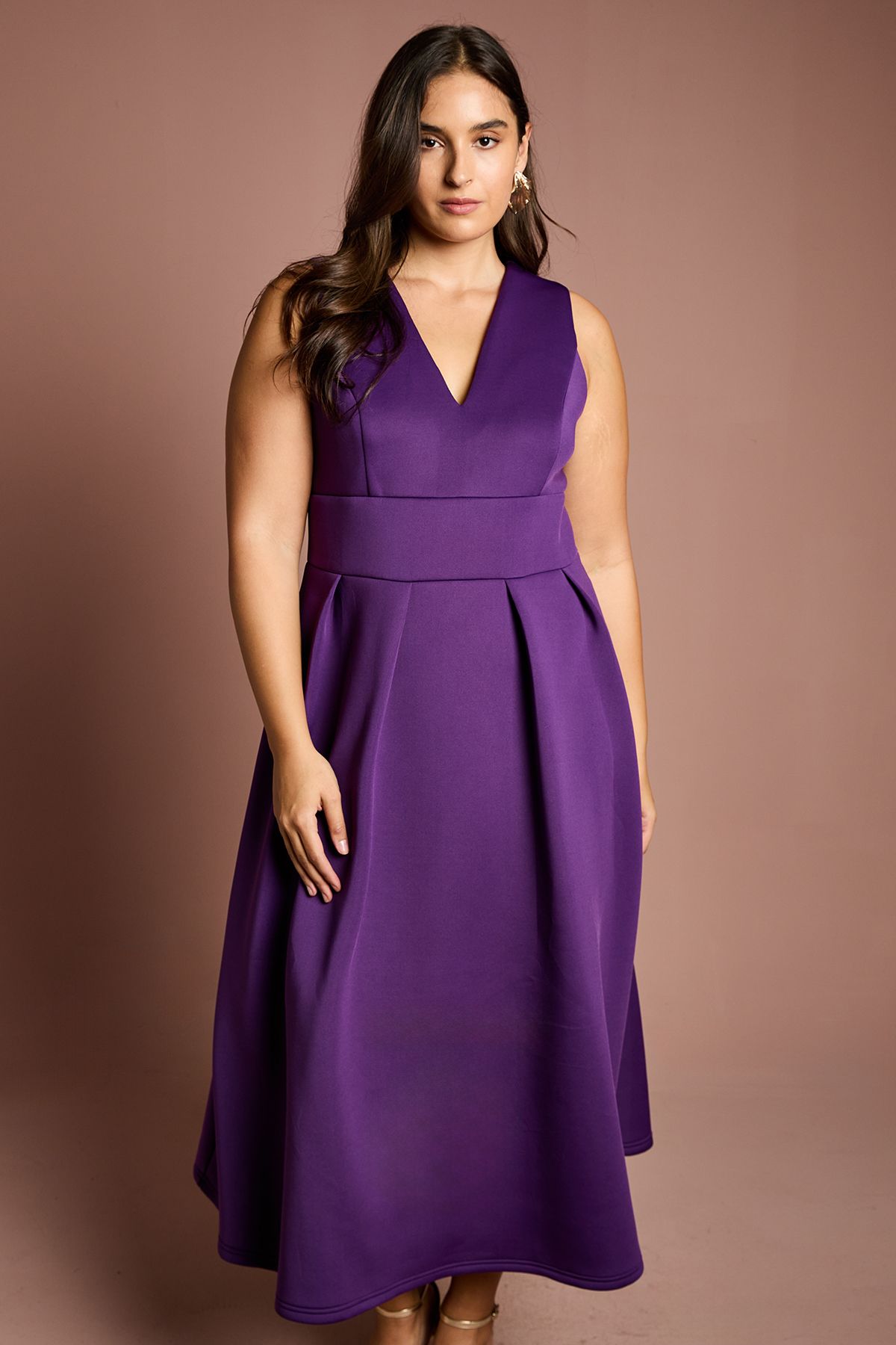 Coast Plus Plunge Neck Full Skirted Midi Dress In Scuba