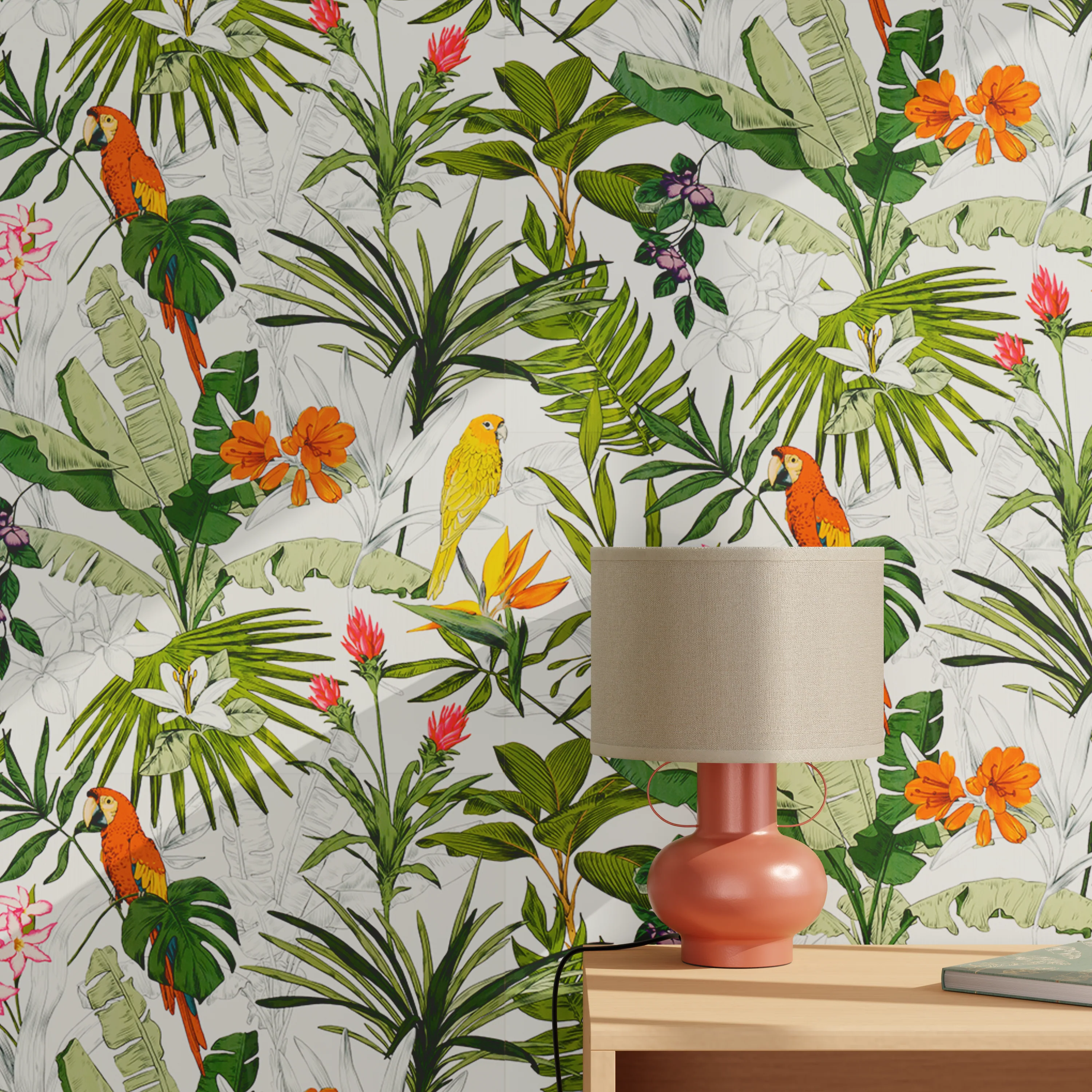 Papier peint intissé PARADISE vert gazon, rouge orangé et jaune soleil