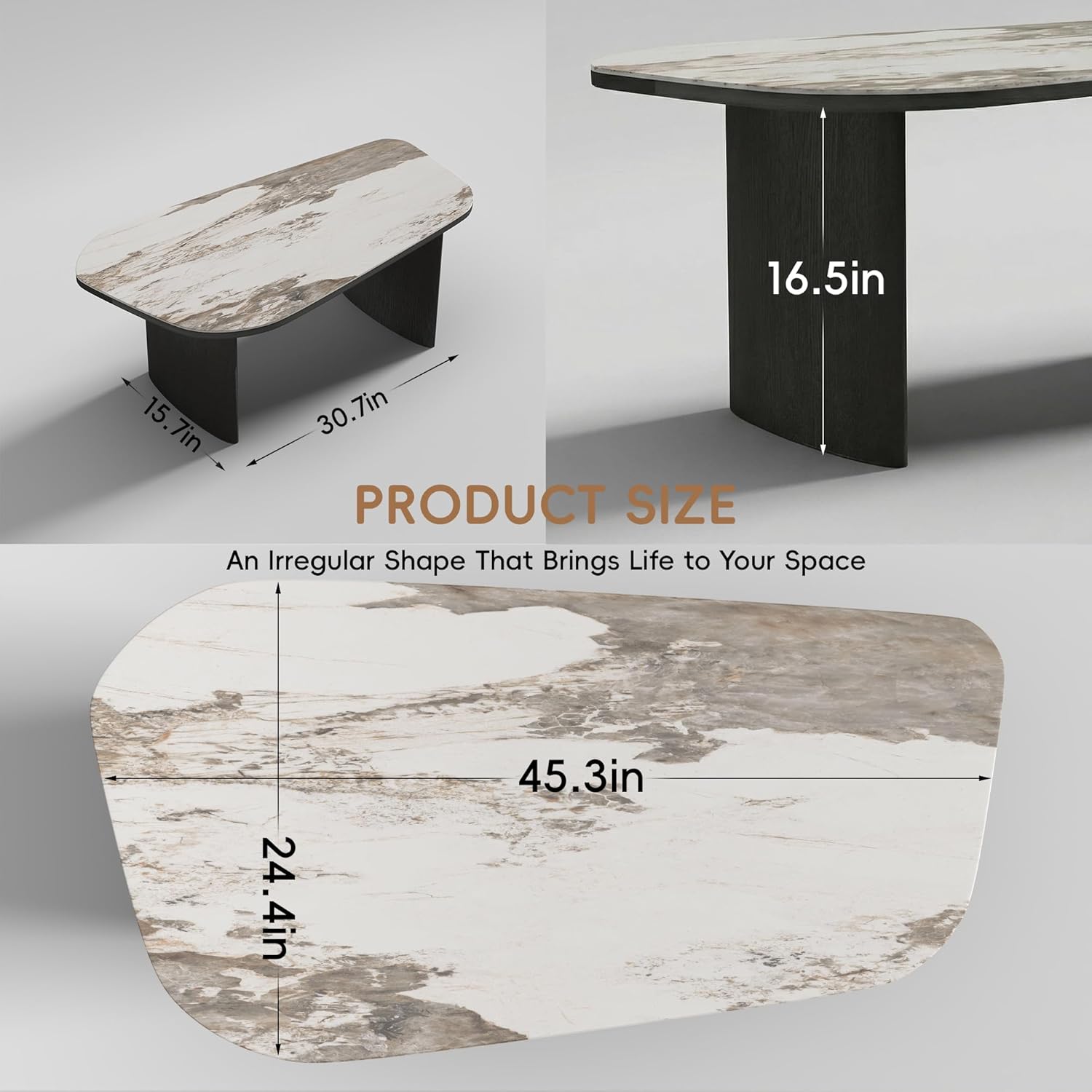 Luxury Marble Coffee Table, Premium Sintered Stone Top, Natural Wood Look Base, Modern Design Stone Cocktail Table, Marble Top Coffee Table for Living Room, Sculptural Contemporary Center Table