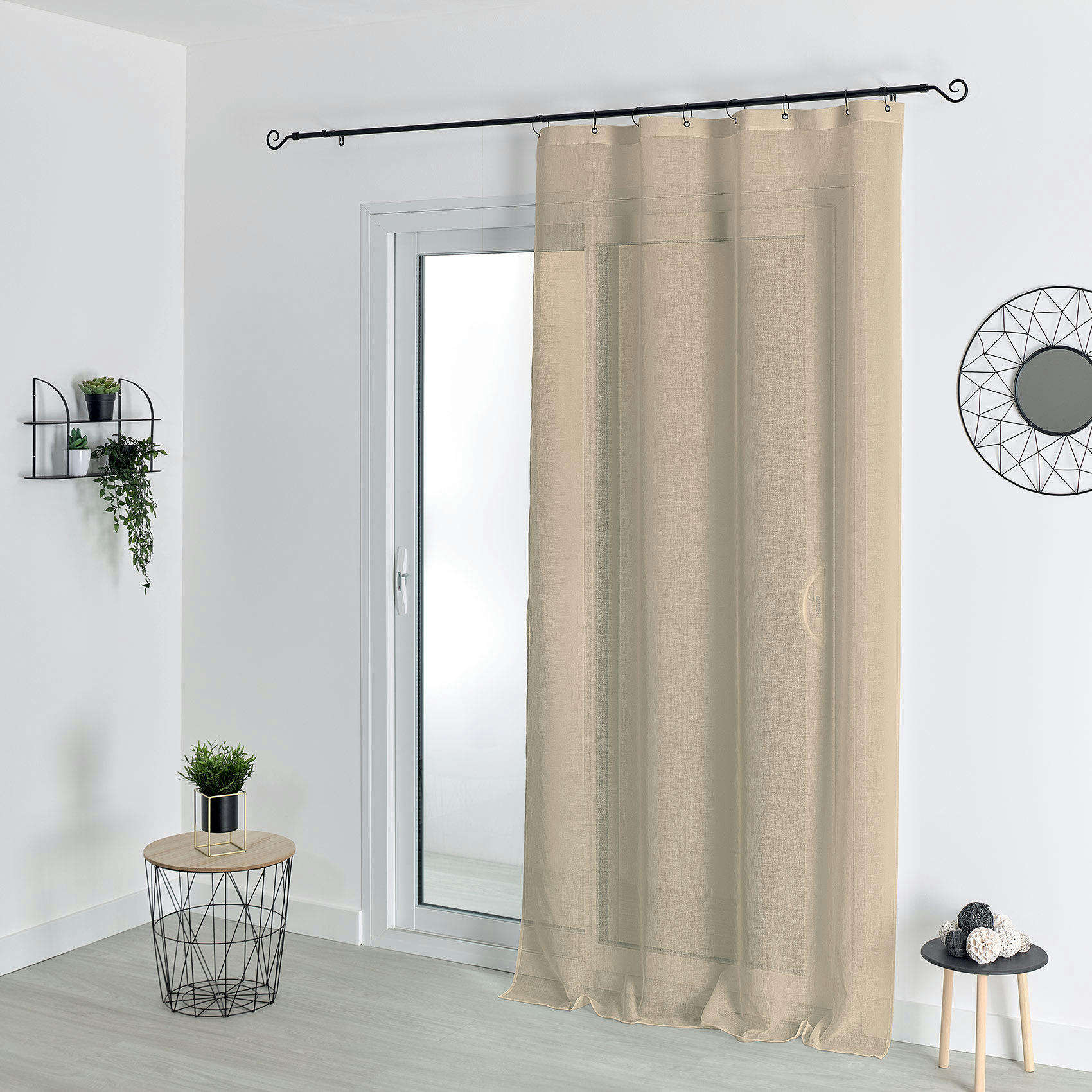 - Voilage à anneaux noirs amovibles polyester lin 140x240 cm