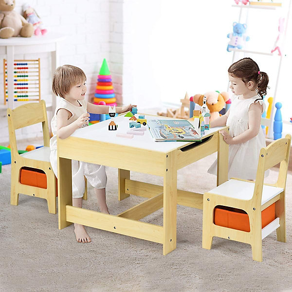 Ensemble Table et 2 Chaises avec 2 boits de rangement pour Enfants Table double face table dessin en boît