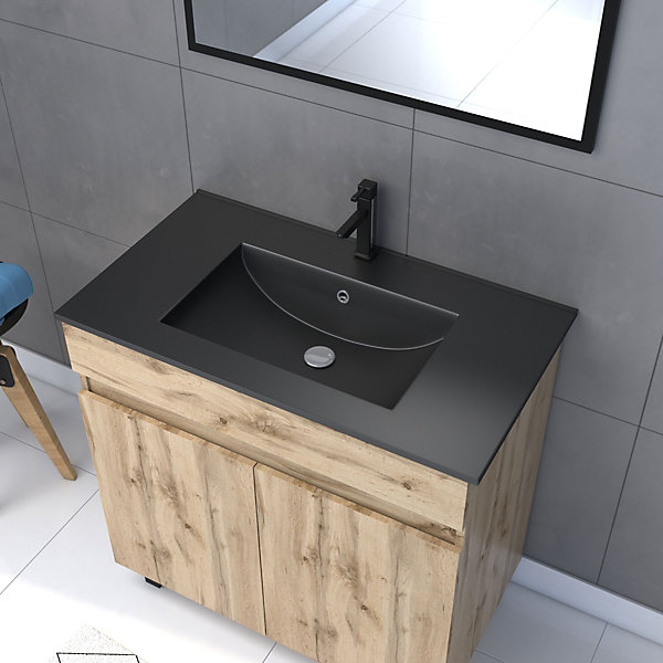 Ensemble sous vasque à poser effet chêne industriel 2 portes   vasque noire   miroir, l.80 cm, Galedo Timber