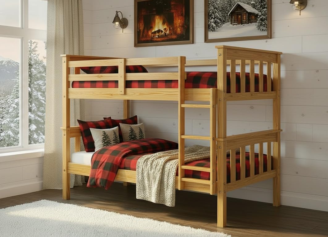 Solid Wood Twin Over Twin Bunk Bed with Ladder and Safety Rails – Durable Pine Wood Kids Bed Frame, Available in White, Grey, and Honey Finishes