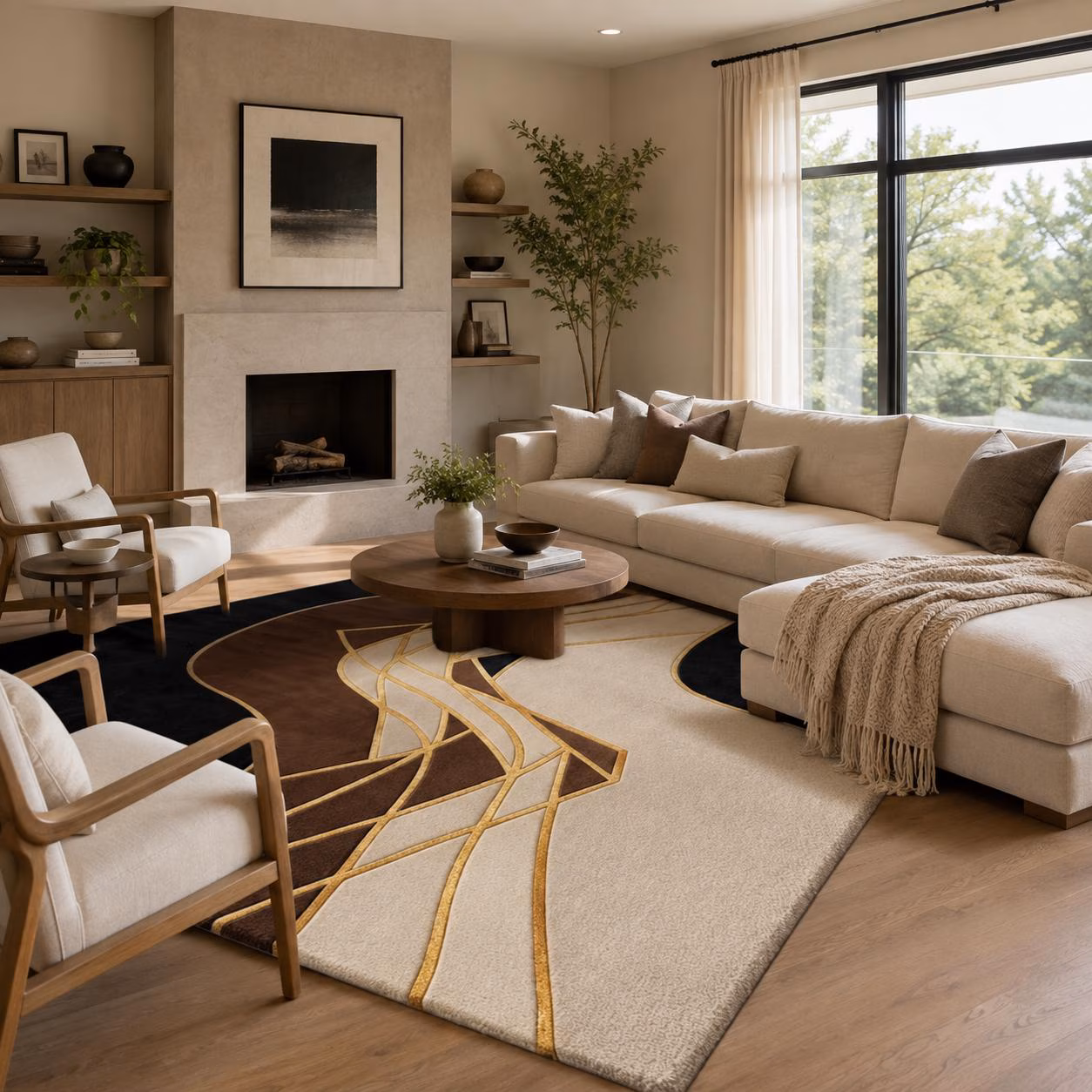 Modern Abstract Beige Brown Area Rug with Gold Lines, Geometric Luxury Designer Home-Decor Statement