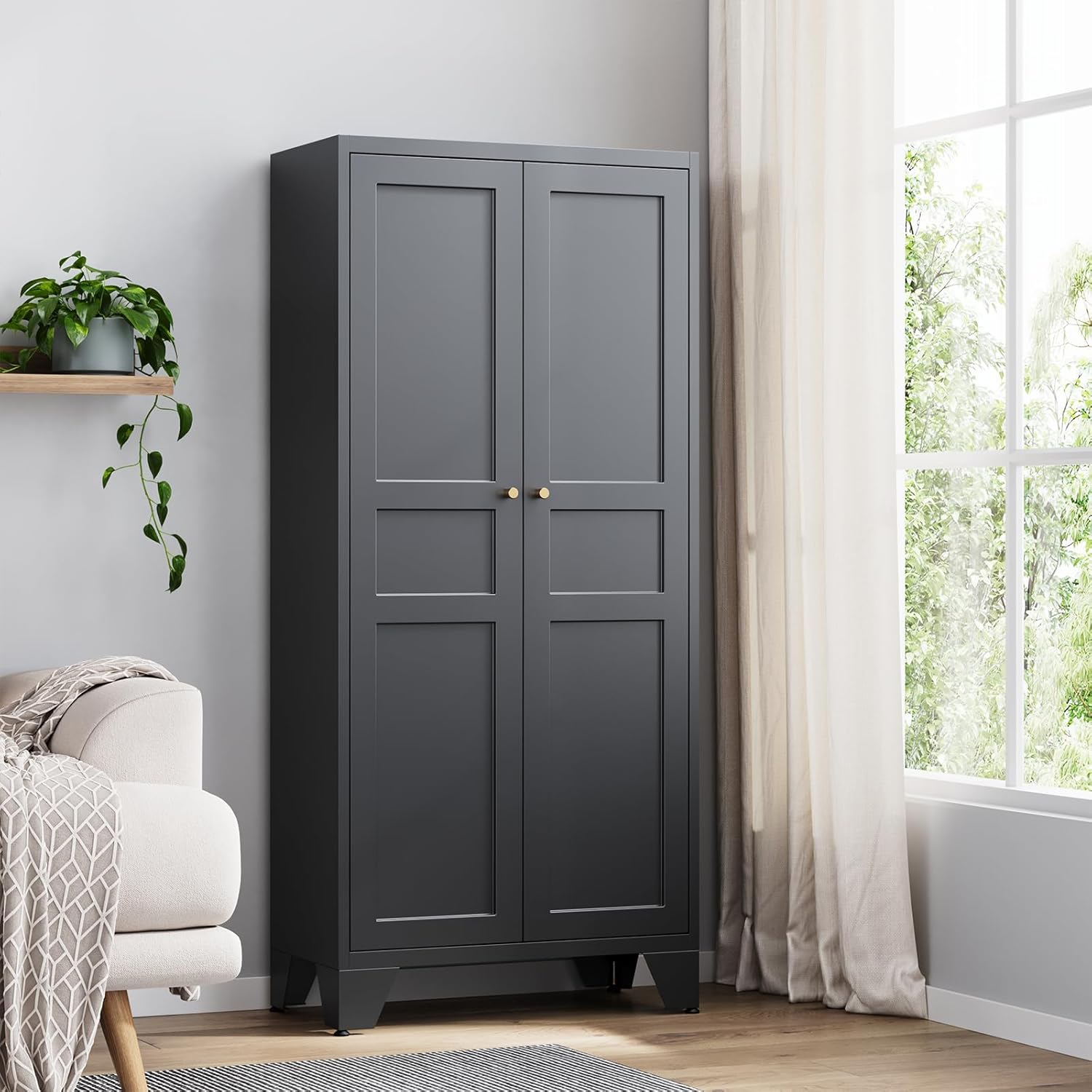 Yizosh Metal Pantry Cabinet,Tall Kitchen Pantry Storage Cabinet with Doors and Adjustable Shelves - 61 Black Cupboard Cabinet for Kitchen, Living Room,Dining Room,Home