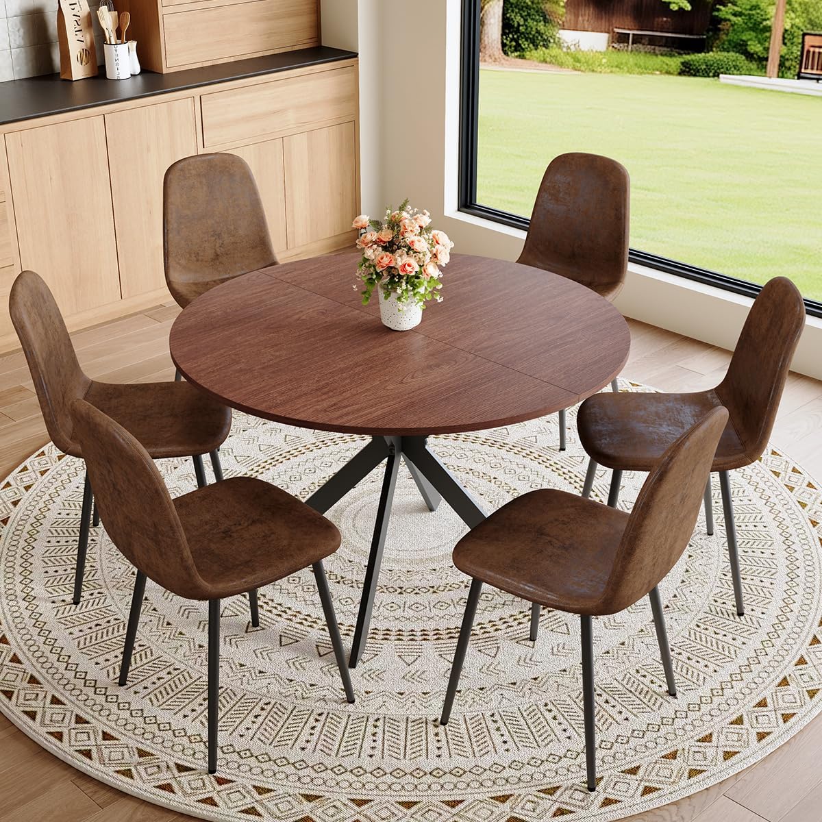Round Dining Table Set for 6｜42-54 Extendable Dining Room Table Set｜Wooden Kitchen Table with 6 Chairs｜Mid Century Modern Dinner Table Set with Cross Legs｜Easy Assembly｜Space Saving