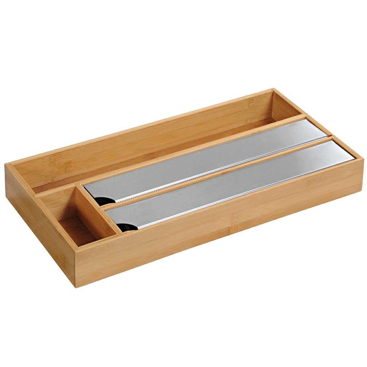 Pojemnik na folię kuchenną 4-komorowy nowoczesny stal bambus 42x19x5,4 cm
