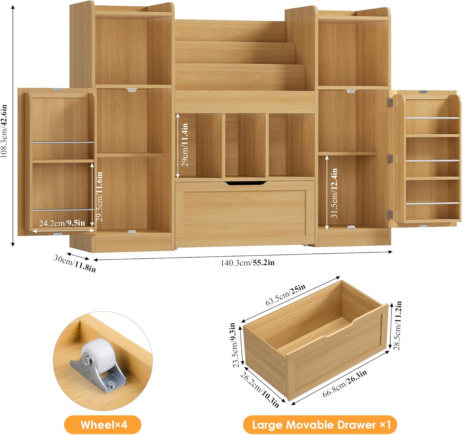 FOTOSOK Toy Storage Organizer with 2 Doors and Movable Drawer, 55.2'' W Toy Organizers and Storage with 9 Cubbies, Kids Bookshelf with Toy Shelf, Playroom Storage Toy Chest Cabinet for Playroom