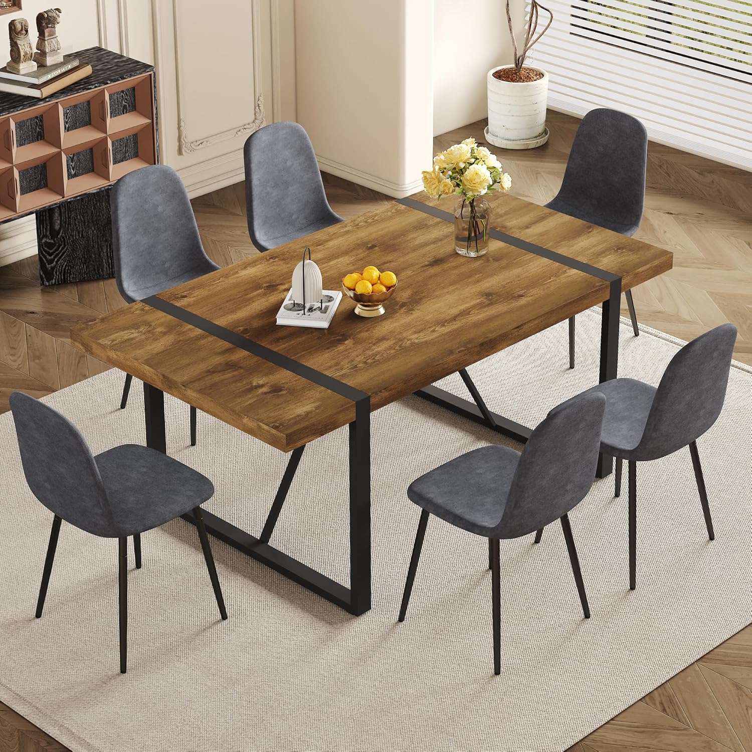 Dining Table Set for 6, Modern 71'' Dark Wood Dining Table and Fabric Dining Chairs Set of 6,Table and Chairs Set of 6,Ideal for Kitchen Dining Room