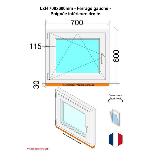 Fenêtre PVC - LxH 700x600 mm -Triple Vitrage - Bicolore blanc int/anthracite ext-poignée à droite