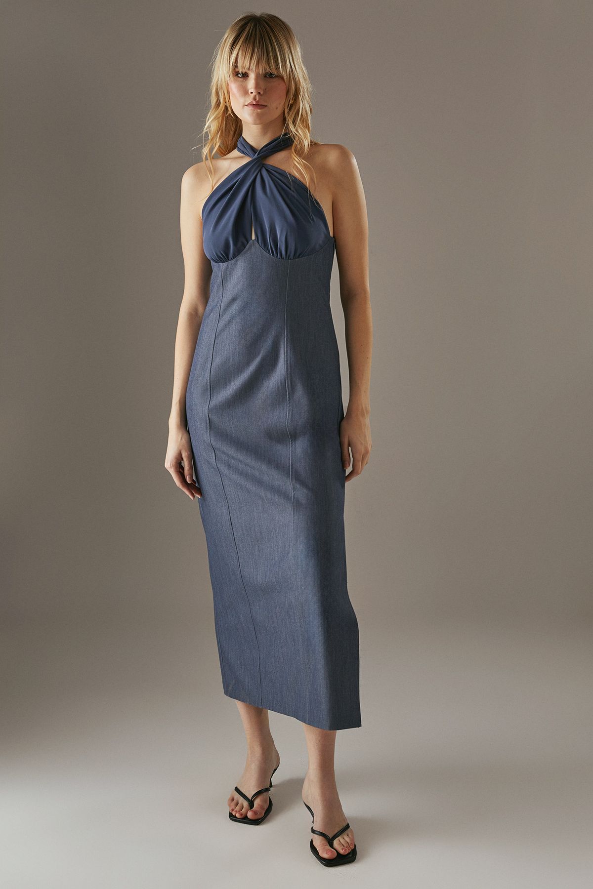 Warehouse Cross Front Georgette And Marl Suiting Midi Dress