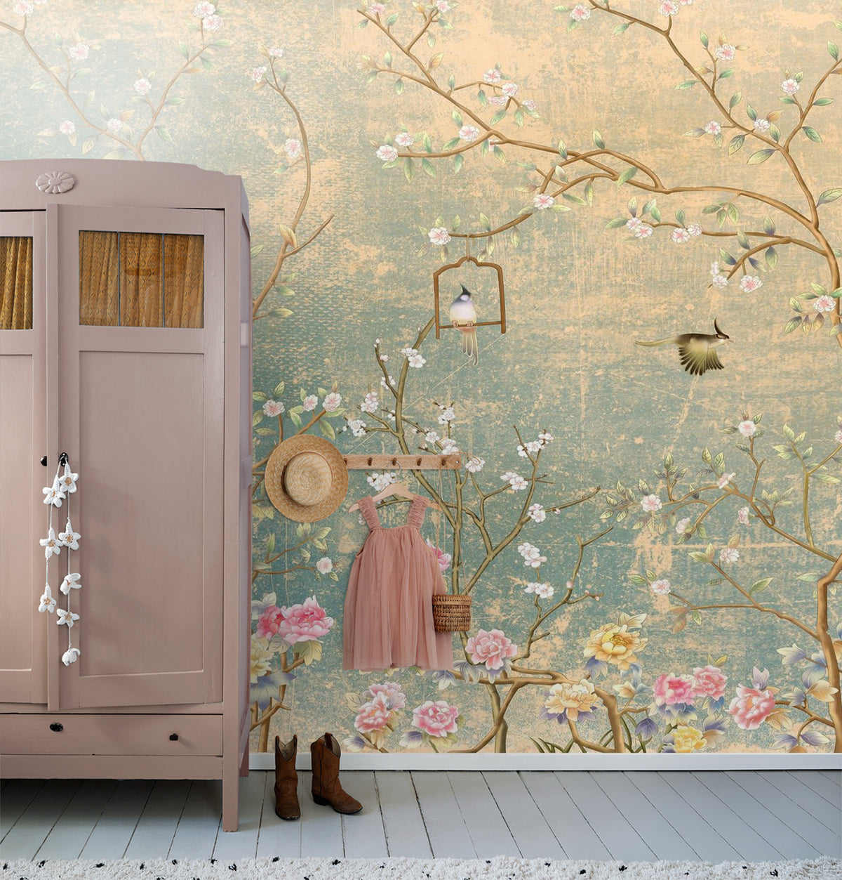 Sanders & Sanders fotobehang bloemen en vogels zeegroen - 350 x 270 cm - 601001