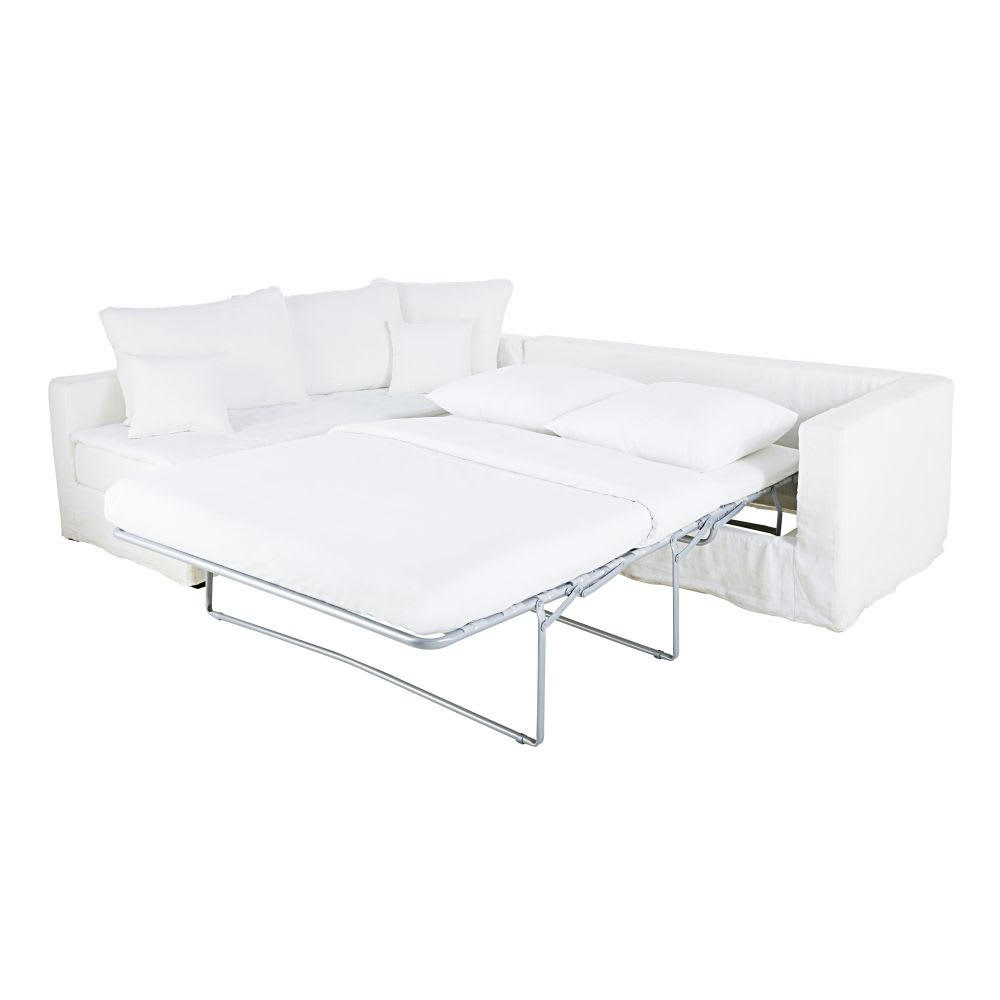 Célestin - Canapé d'angle gauche convertible 5 places en lin blanc