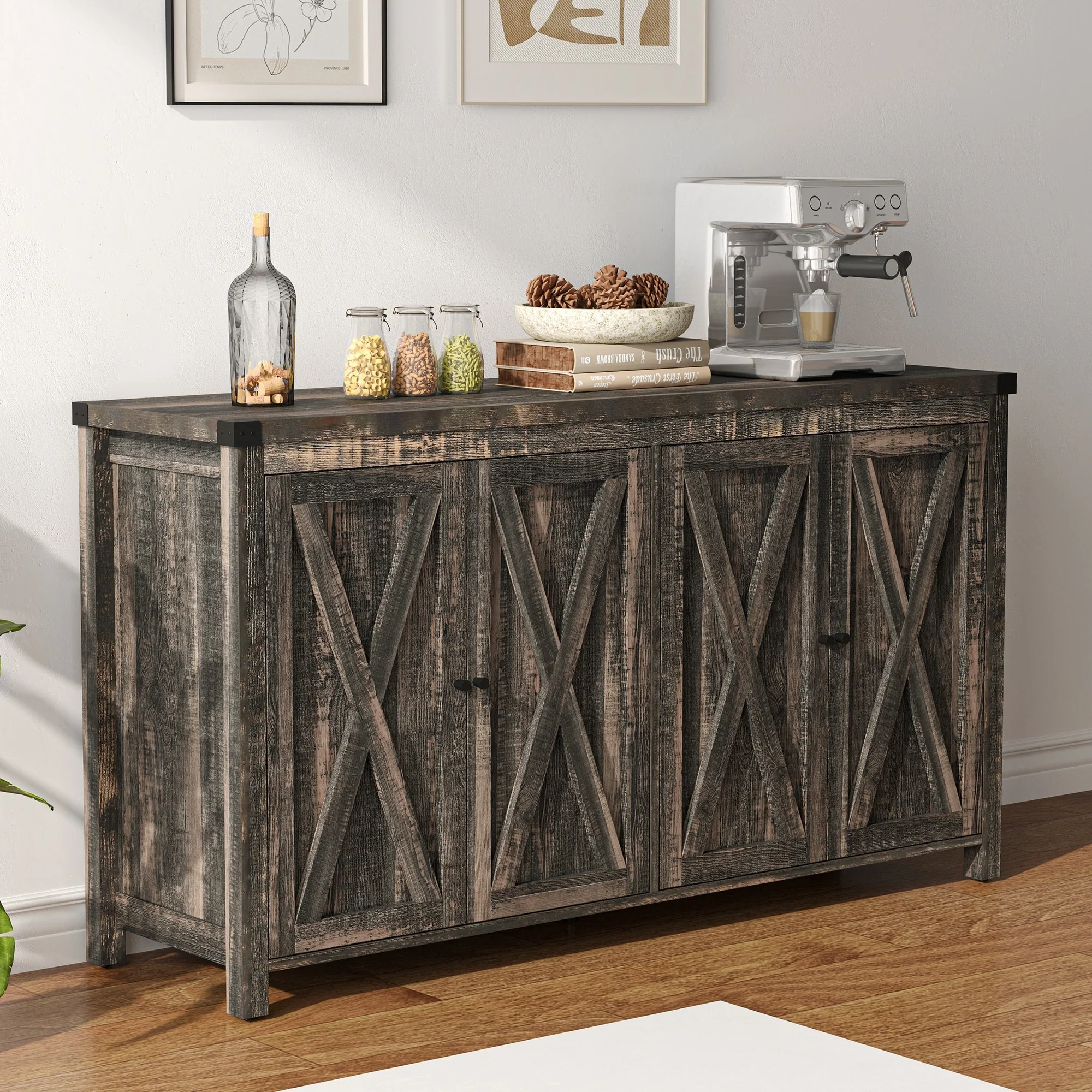 Moasis 55-inch Farmhouse Four-Door Buffet Cabinet Storage Kitchen Sideboard Buffet Table