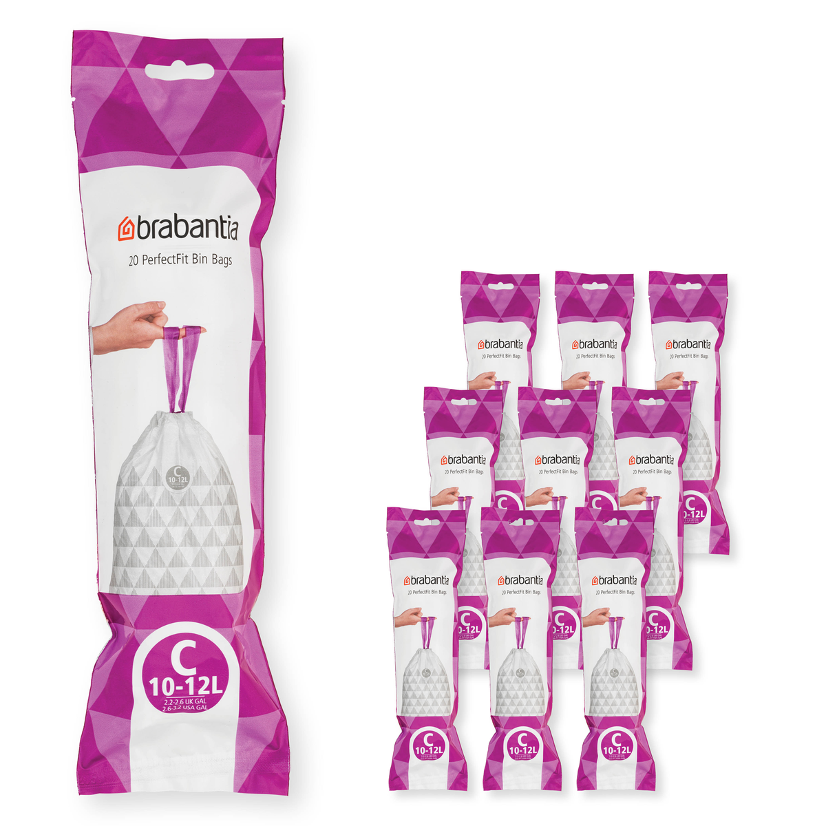 Brabantia PerfectFit Afvalzak, code C, 10-12 liter, 200 stuks, set van 10 rollen - White