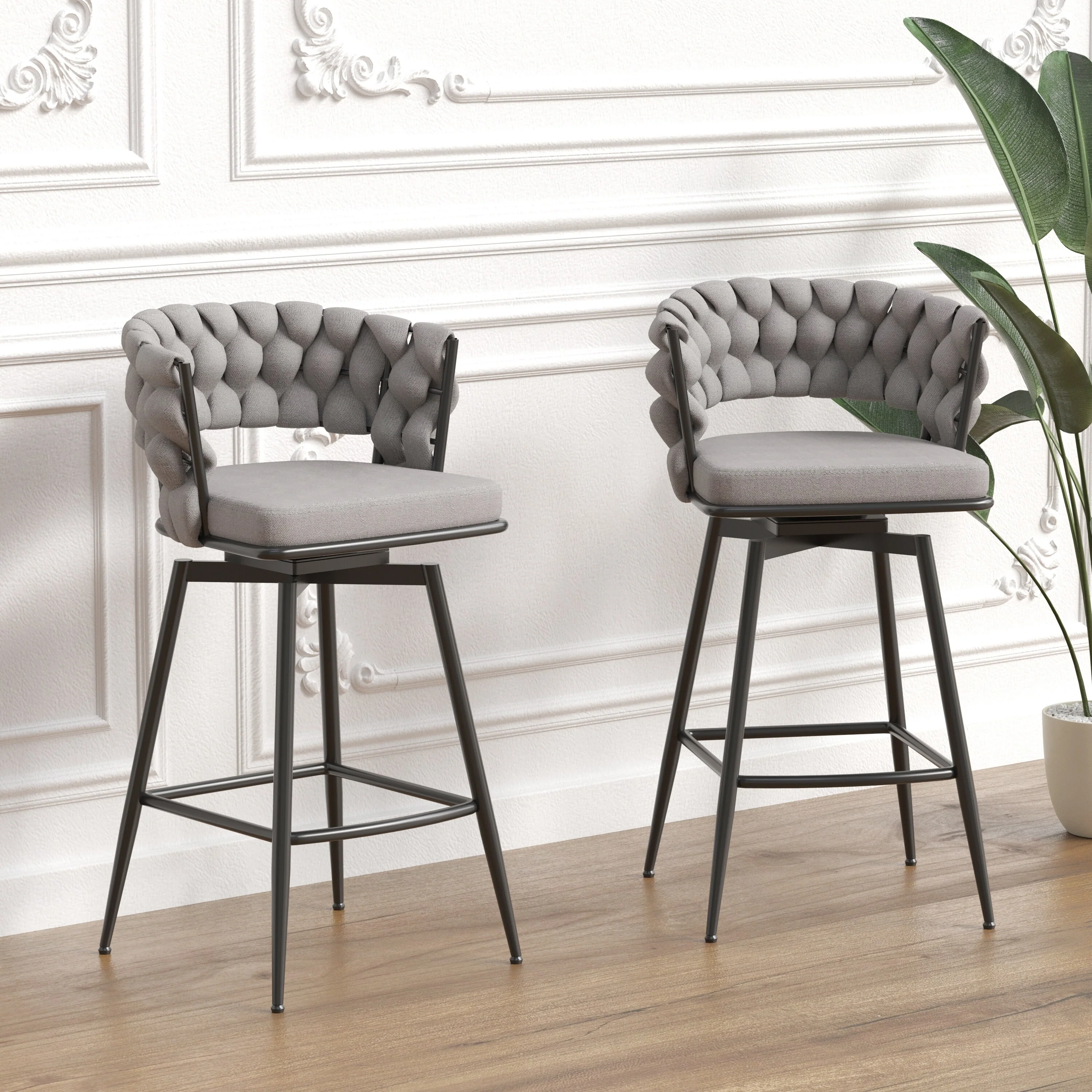 Set of 2 28 Linen Upholstered Swivel Bar Stools - Woven Back Counter Height Chairs with Footrest