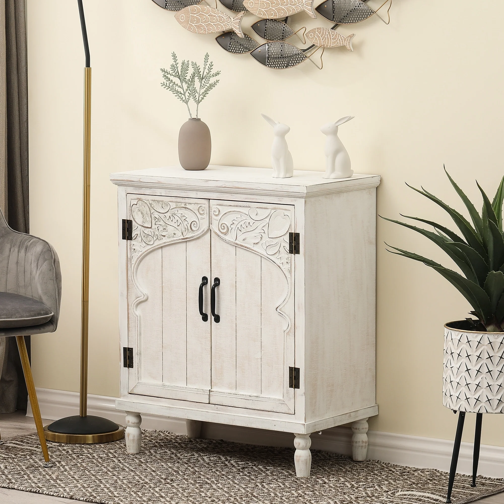 Farmhouse White Wood 2-Door Accent Storage Cabinet - 33.25 H x 27.75 W x 15 D