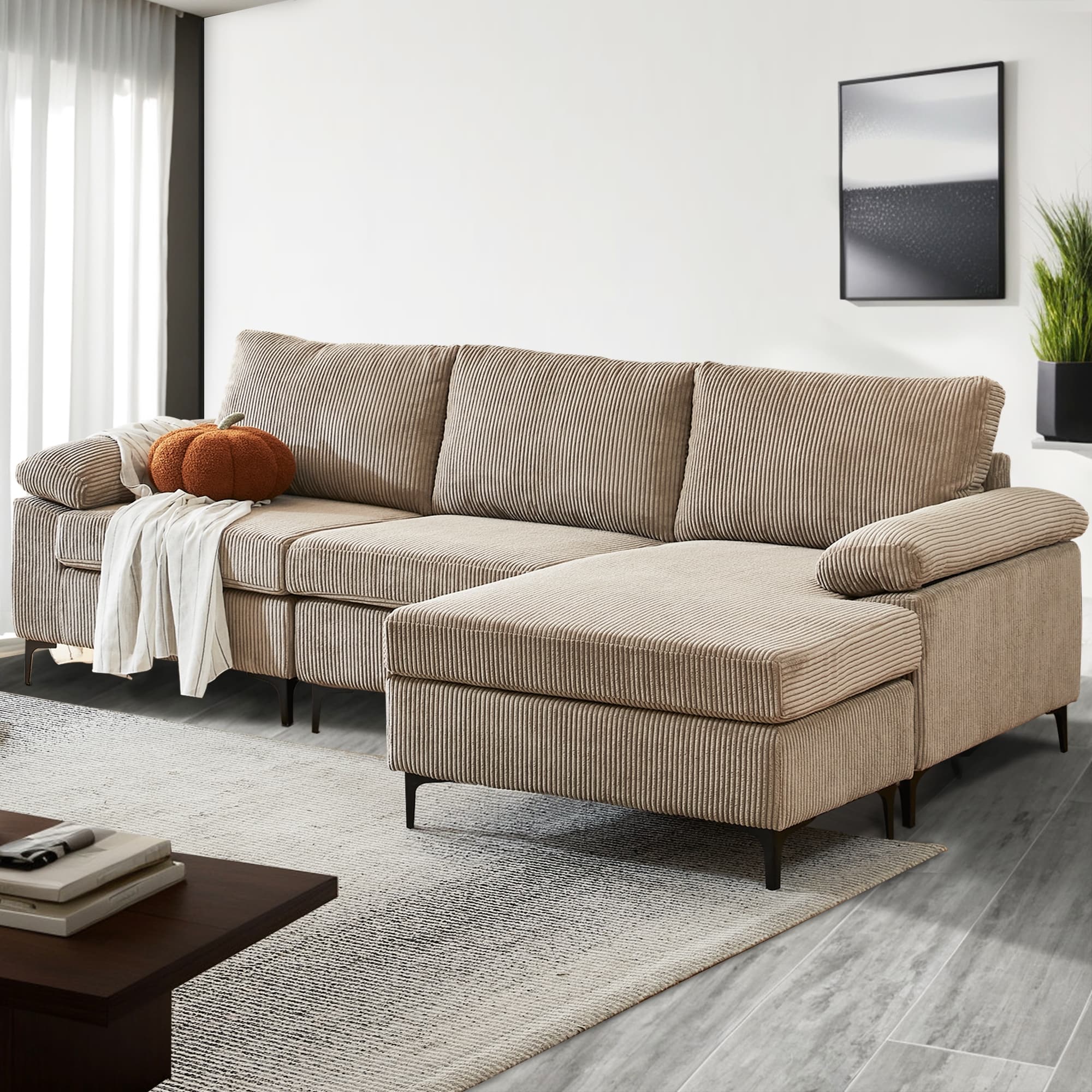 HOOOWOOO Living Room Wide Armrest Corduroy Fabric Chaise Reversible Sofa with Ottoman