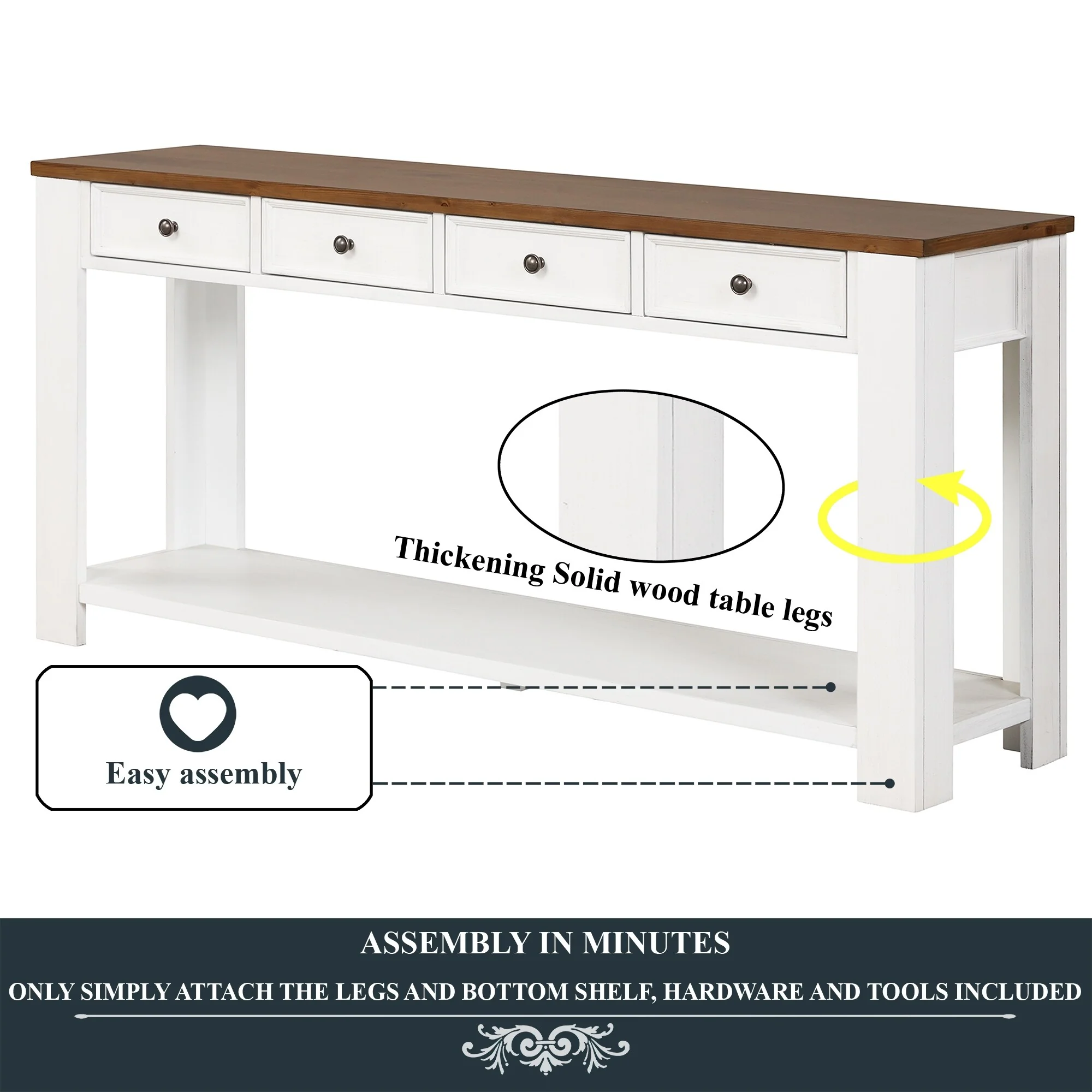 Pine Wood Console Table with 4 Drawers and 1 Bottom Shelf