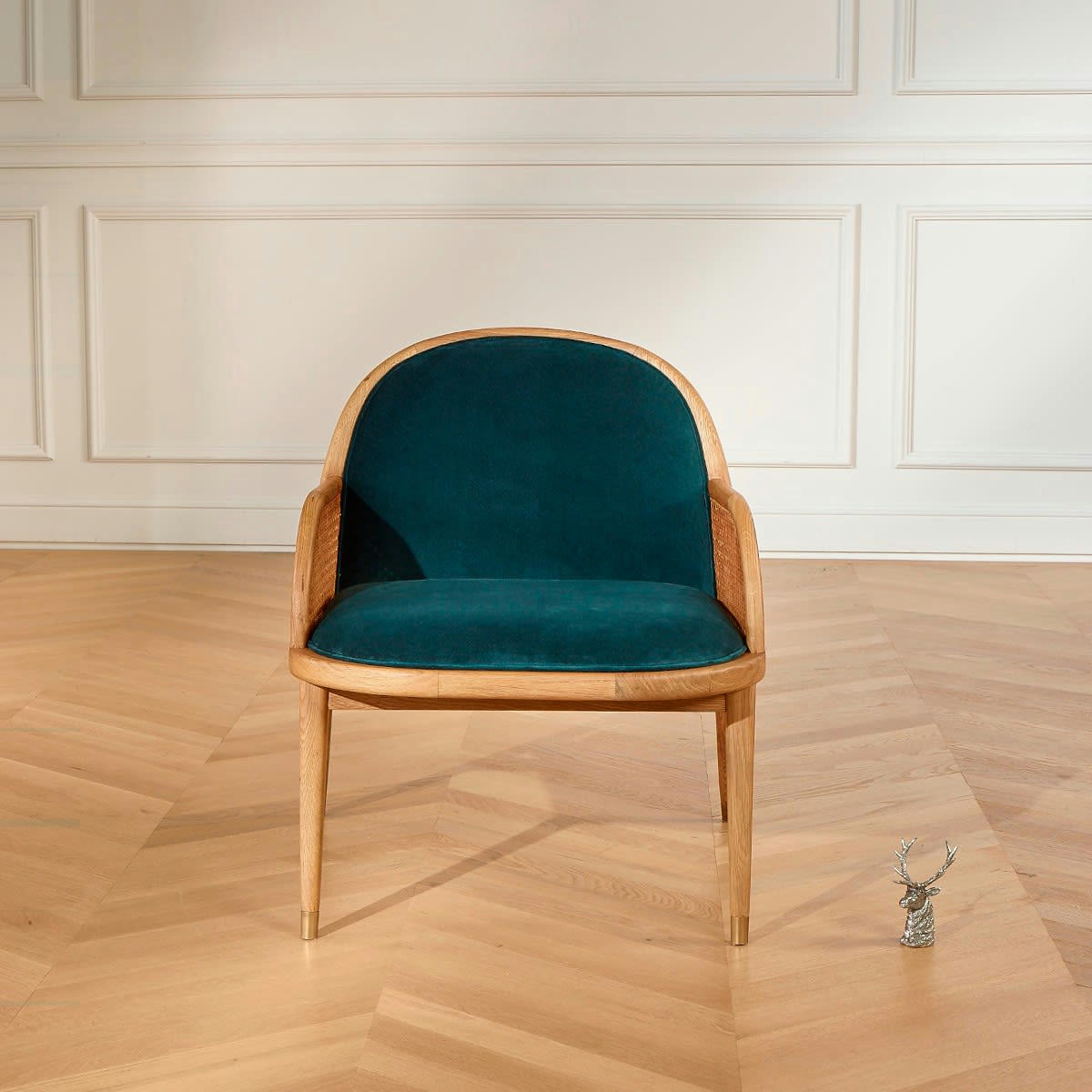 MARCEL - Fauteuil cannage et velours bleu paon