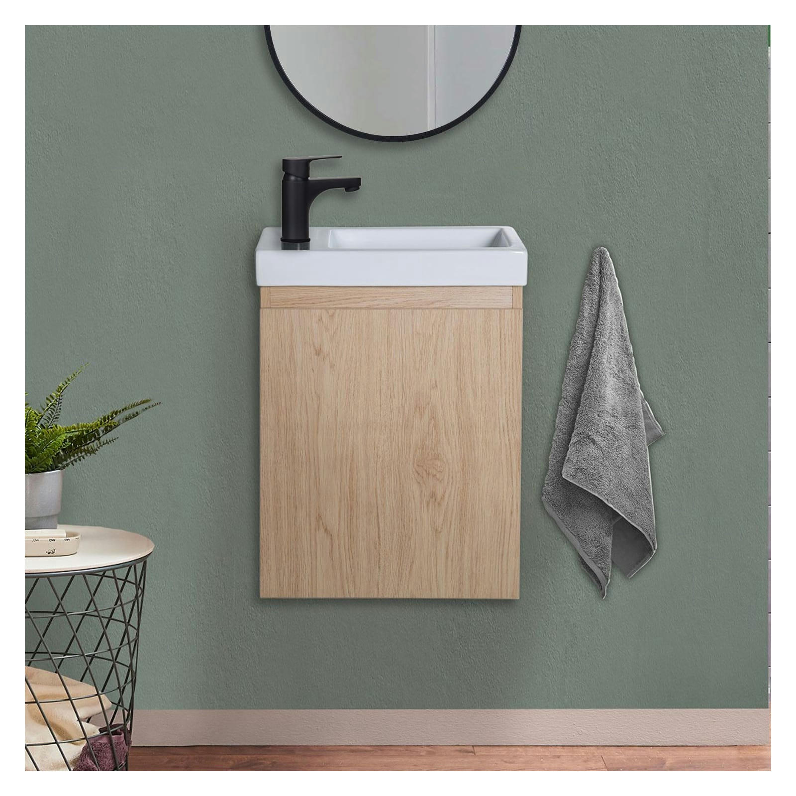 LISA - Meuble lave-mains  décor chêne + robinet noir