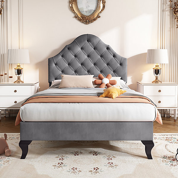 Lit 90x200 cm tapissé en velours avec tête de lit capitonnée, design classique et contemporain, cadre robuste