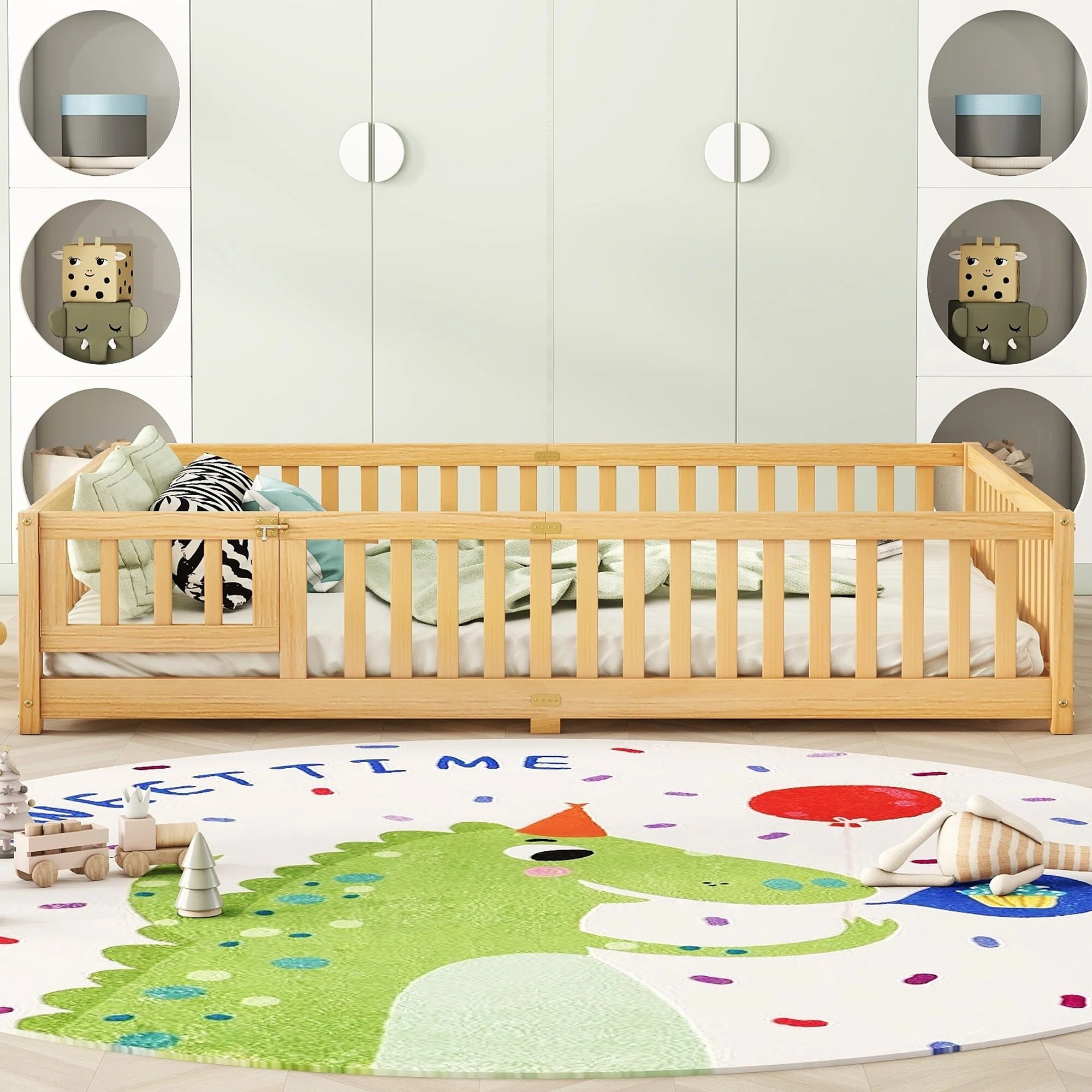 Queen Size Pine Wood Floor Bed with Safety Guardrails and Door for Kids