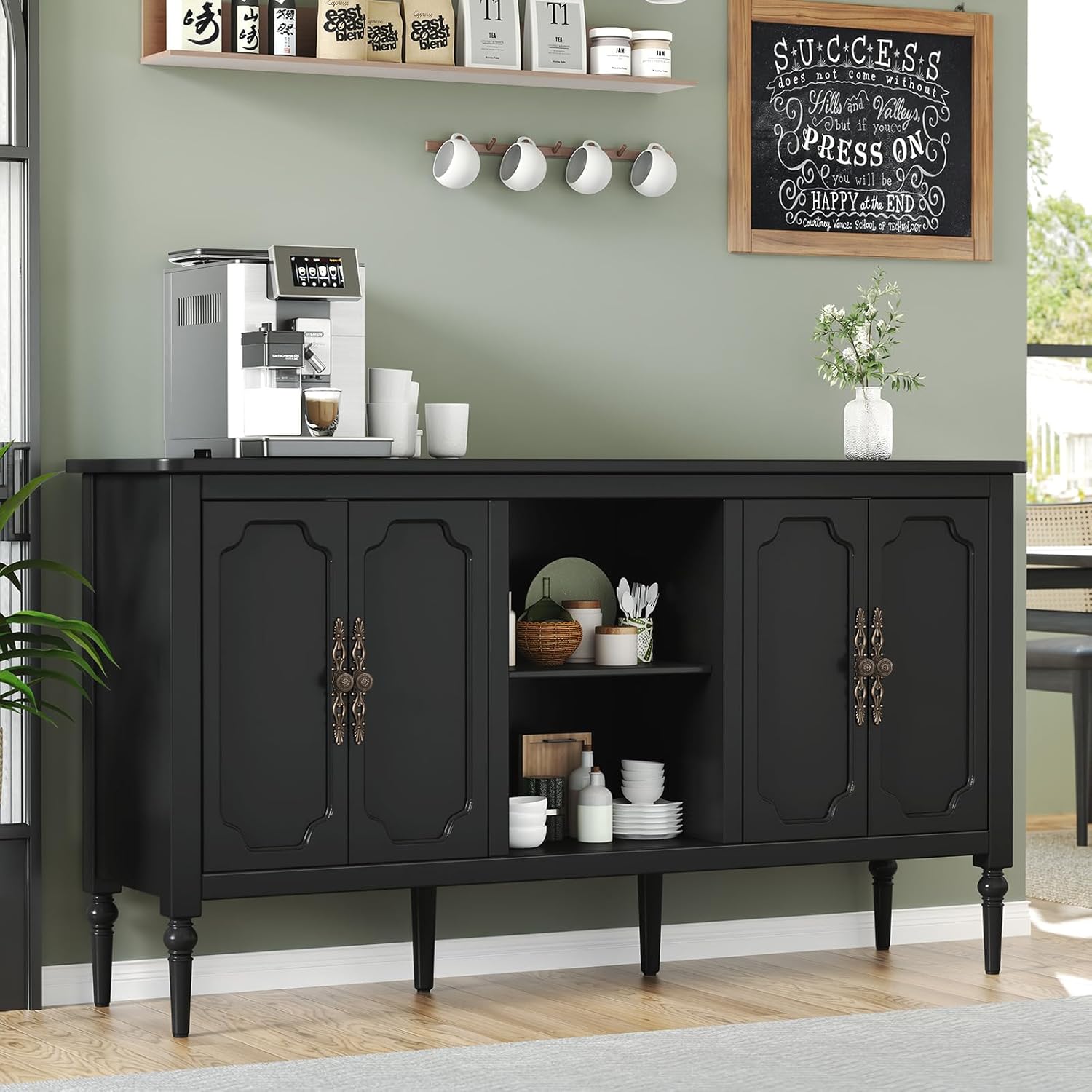 Vintage Buffet Sideboard Cabinet with 4 Doors, 59 Mid Century Modern Storage Cabinet with Shelf, Decorative Accent Credenza TV Stand (Black)