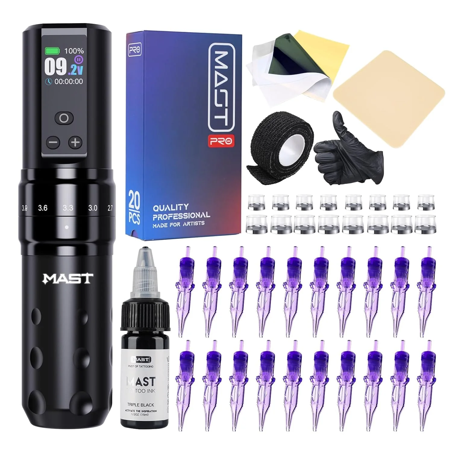 Fold2 Pro Wireless Rotary Pen Machine, Motor by Mcore, 7 Strokes Length, Tattoo Needles Cartridges, Black Ink for Tattoo Aritsts(Black Tattoo Kit)