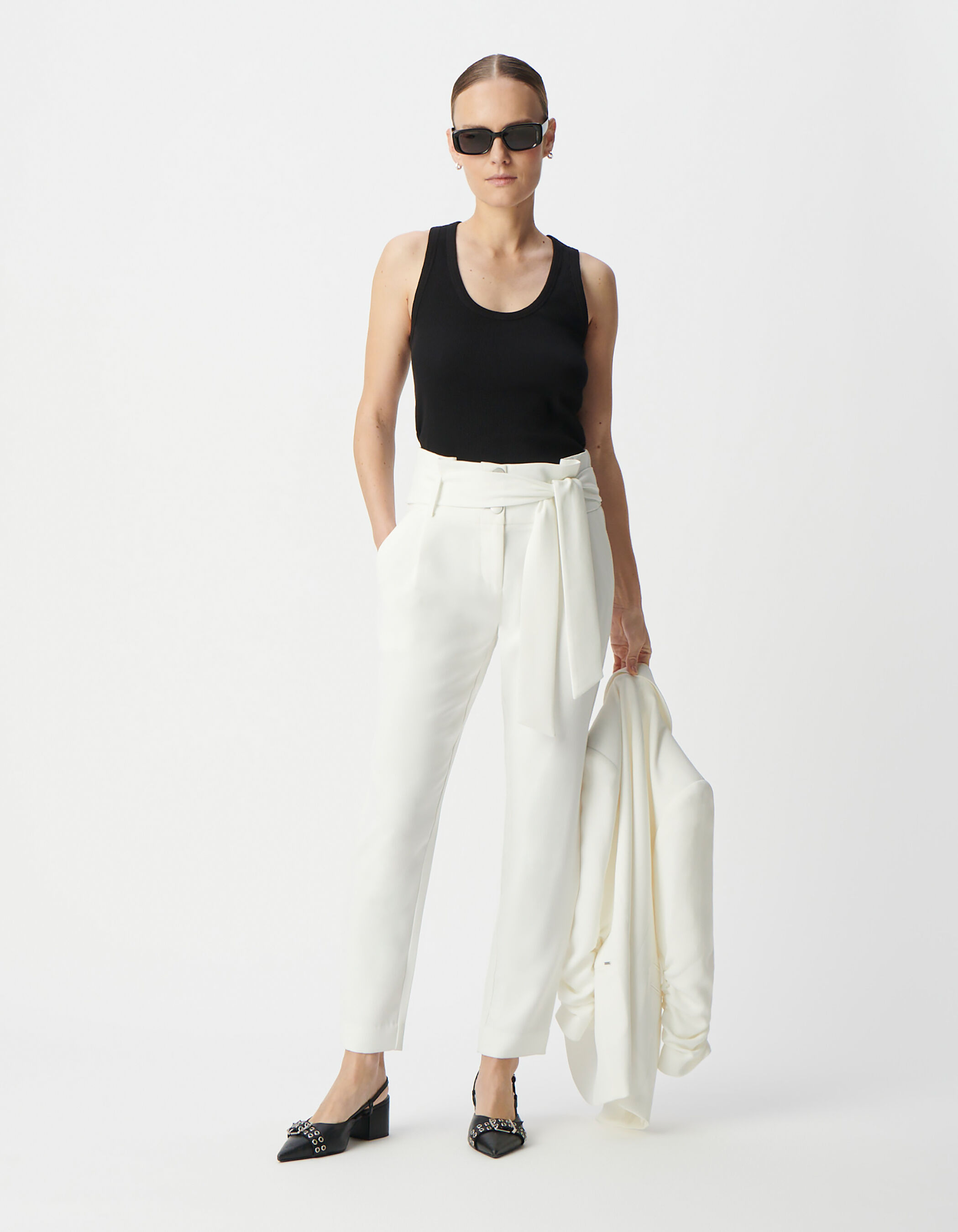 Pantalon droit blanc taille haute ceinturée Femme