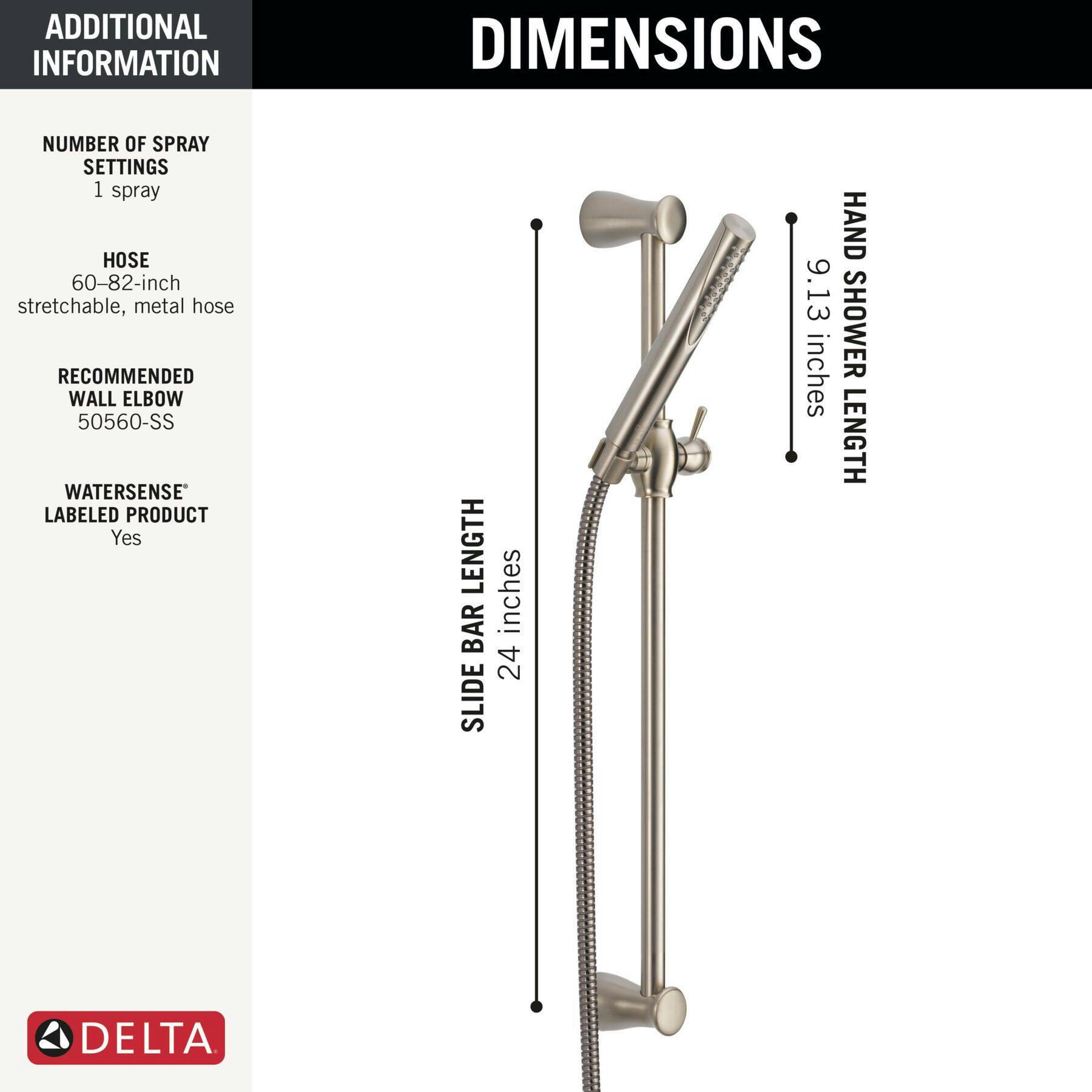 Delta 1-Setting Slide Bar Hand Shower, Stainless Steel