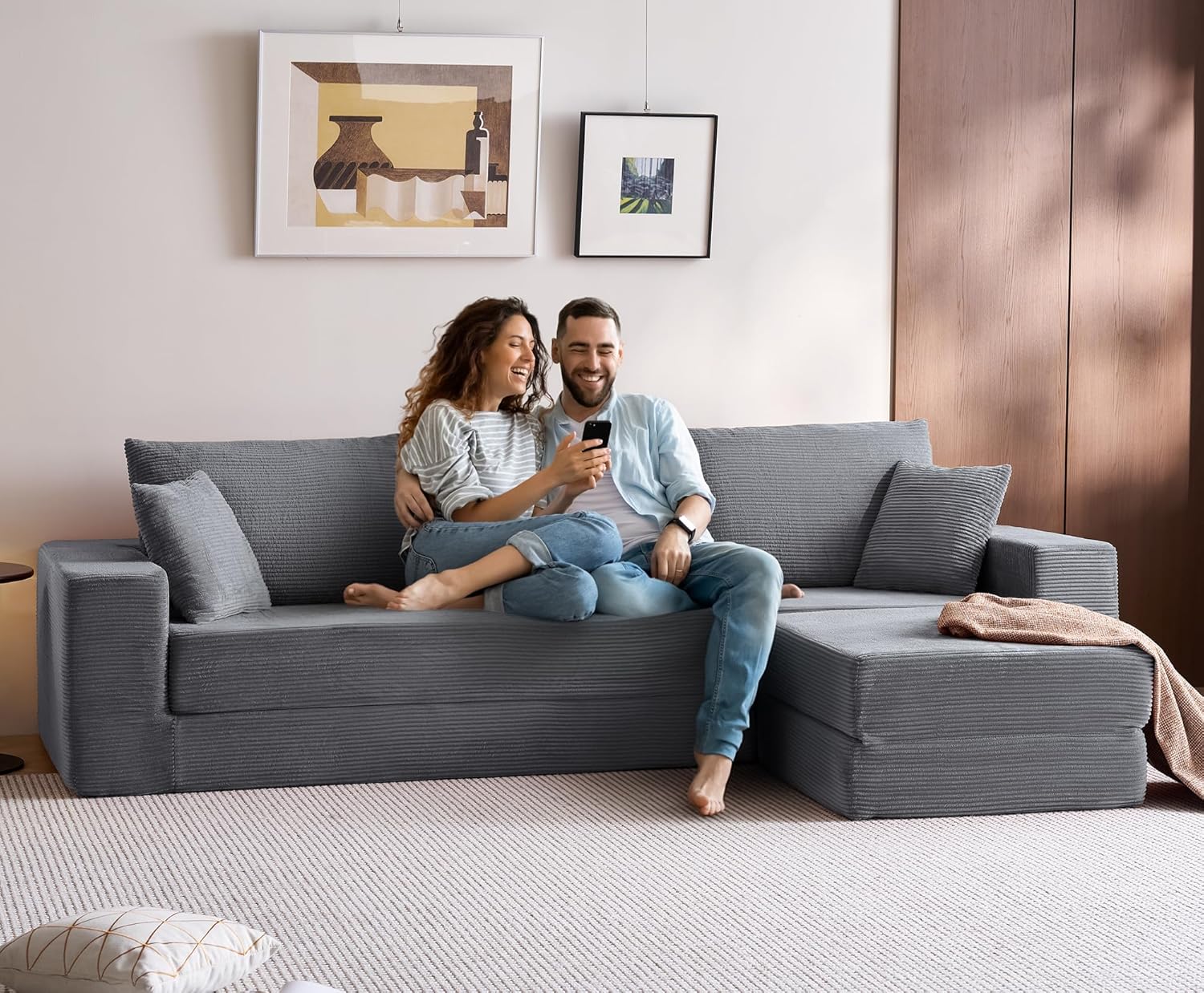 LINSY HOME Oversized Convertible Sofa Bed with 2 Pillows & Ottoman, Corduroy Boneless Couch Folding Modular Sleeper Sofa, L Shaped Couch Floor Sofa for Living Room Apartment, Upgrade Backrest (Grey)