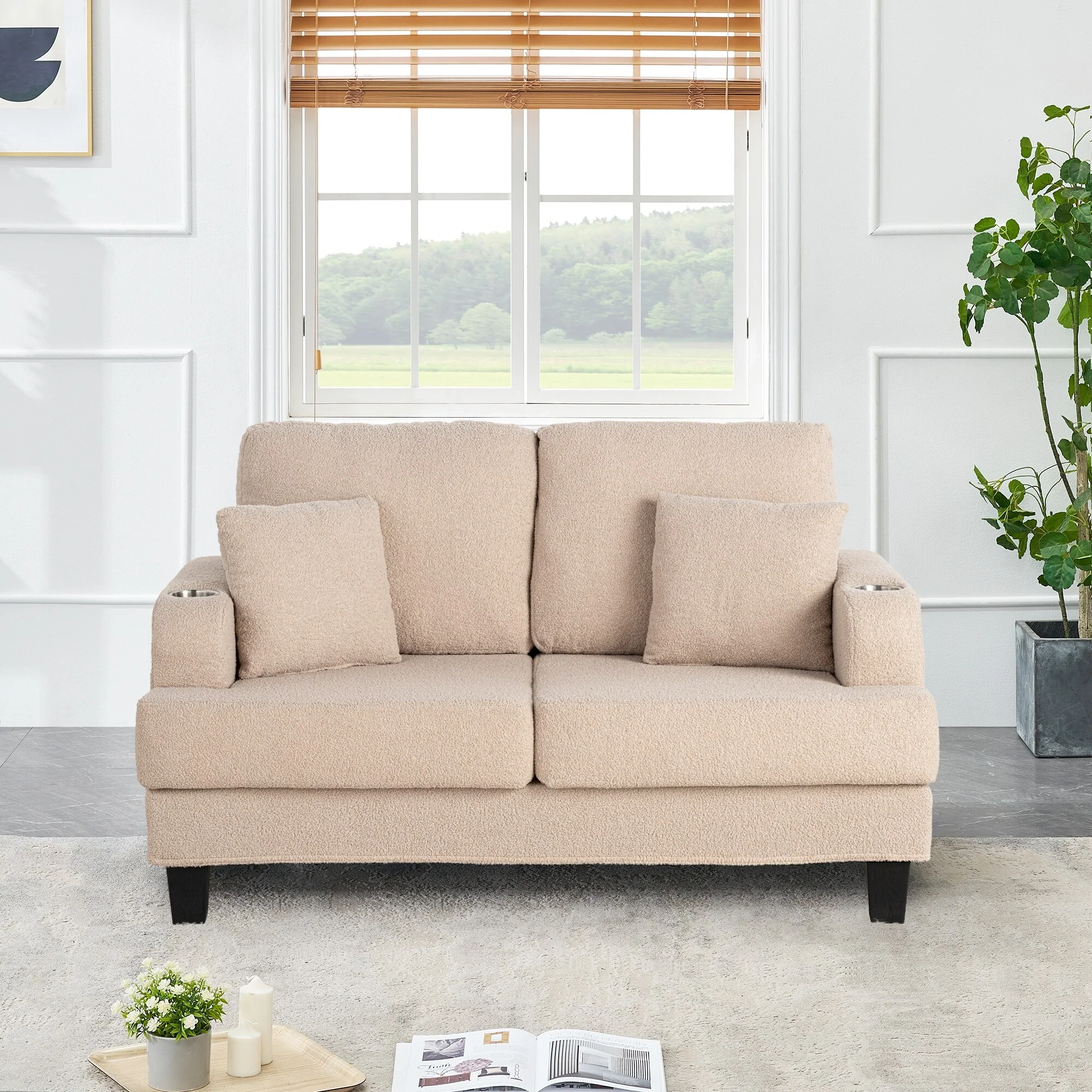 61 Small Beige Loveseat Sofa with 2 Pillows and Cup Holder