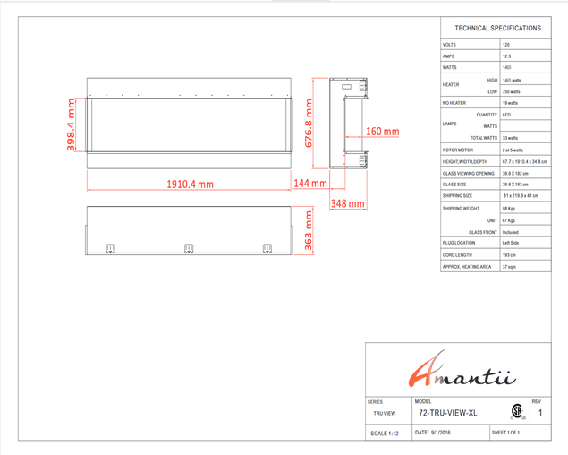 Amantii Smart 72" 3 sided glass electric fireplace Built-in only